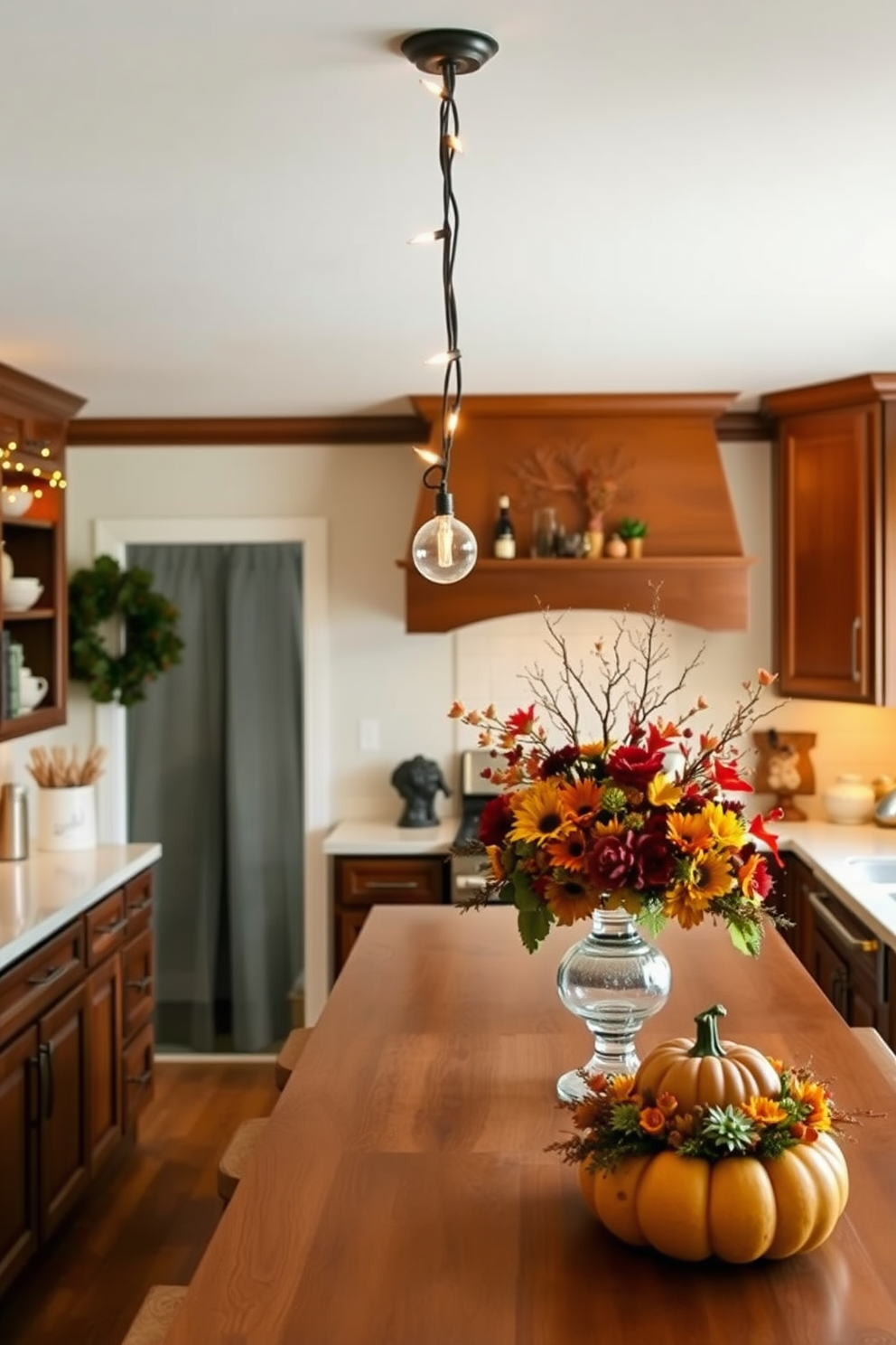 A warm and inviting kitchen adorned with string lights hanging above the island creates a cozy atmosphere. The countertops are decorated with autumn-themed centerpieces featuring pumpkins and seasonal flowers, enhancing the Thanksgiving spirit.