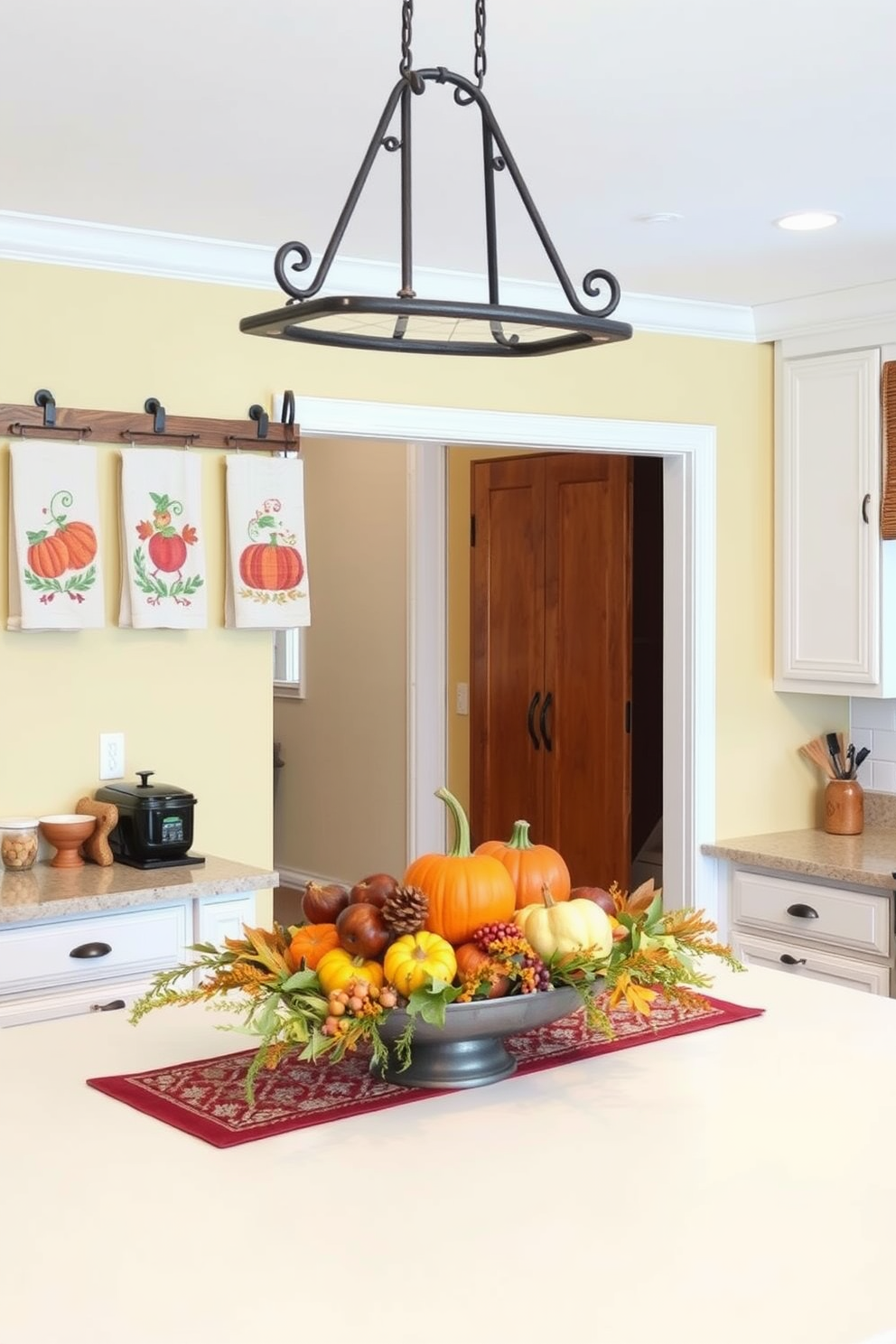 A warm and inviting kitchen adorned with Thanksgiving-themed dish towels hanging neatly on rustic wooden racks. The walls are painted in a warm cream color, and a centerpiece of seasonal fruits and pumpkins sits on the island, enhancing the festive atmosphere.