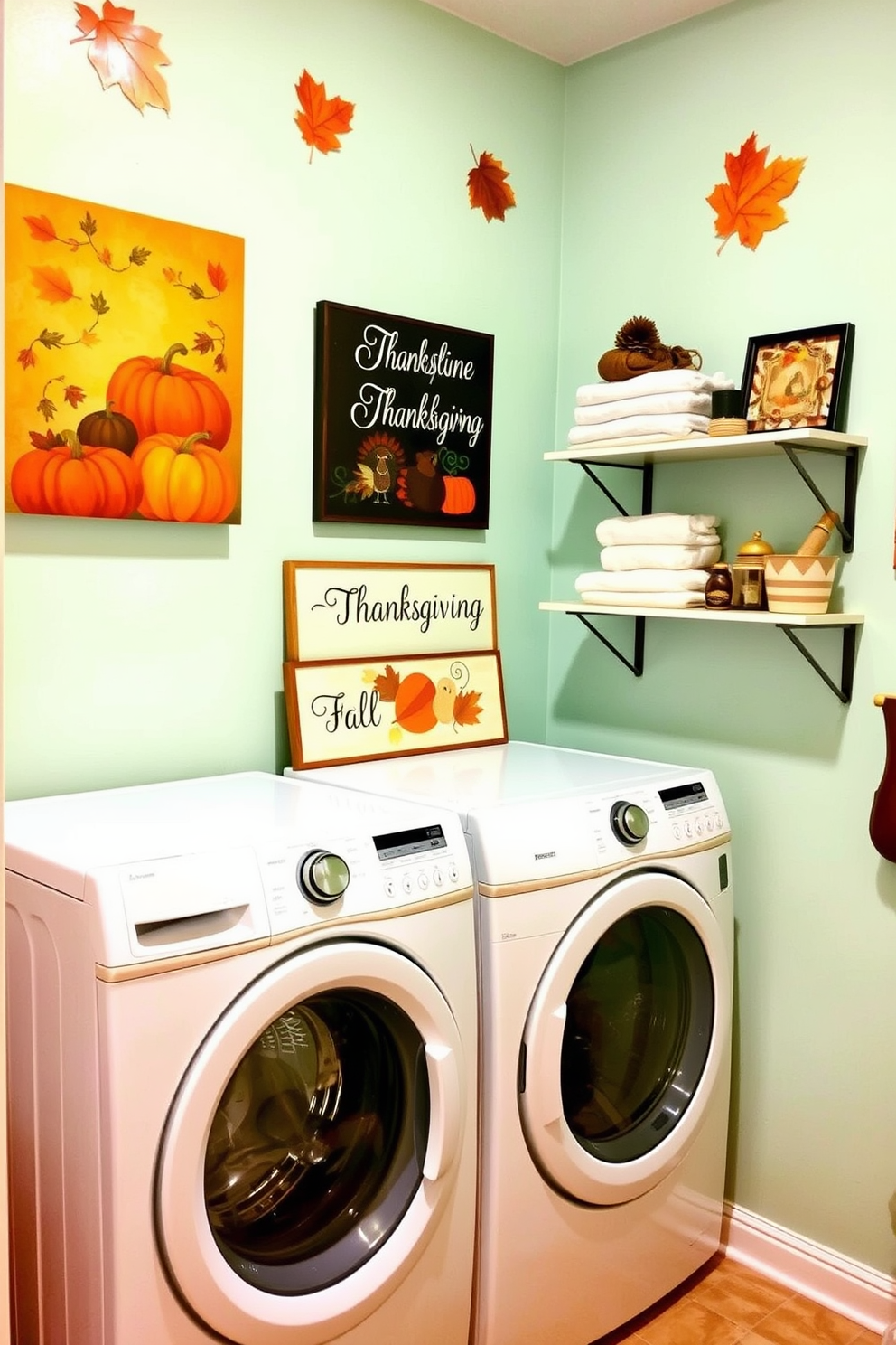 Thanksgiving themed wall art adorns the walls of a cozy laundry room. The artwork features warm autumn colors and images of pumpkins, turkeys, and falling leaves, creating a festive atmosphere. Decorative shelves hold neatly folded towels and seasonal decor items. A charming sign with a Thanksgiving message hangs above the washer and dryer, adding a personal touch to the space.