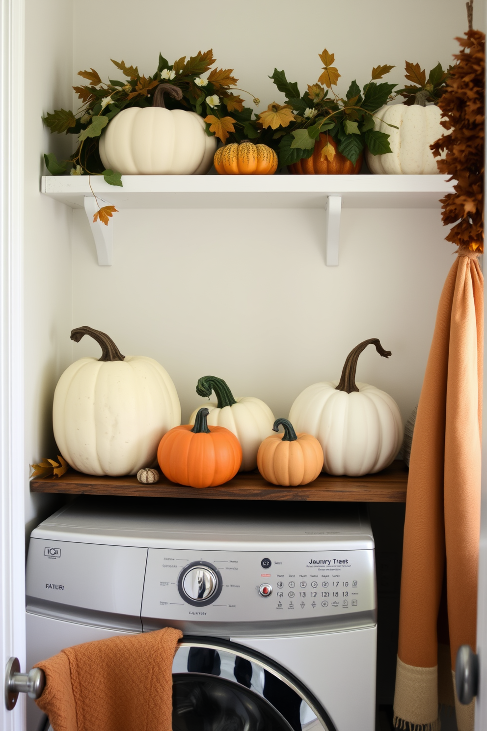 A cozy laundry room is adorned with decorative pumpkins in various sizes, adding a festive touch for Thanksgiving. The pumpkins are arranged on a rustic wooden shelf, complemented by autumn-themed accents like dried leaves and warm-toned linens.