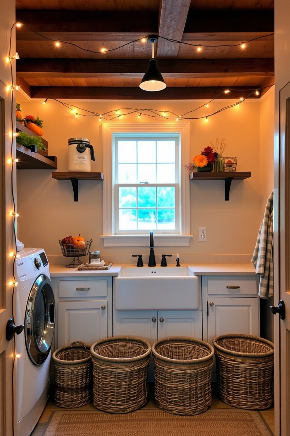 A cozy laundry room adorned with warm lighting from string lights draped across the ceiling. The walls are painted in a soft beige, and a rustic wooden shelf displays seasonal decorations for Thanksgiving. A large farmhouse sink is positioned beneath a window, allowing natural light to filter in. Woven baskets are neatly arranged on the floor, providing storage for laundry essentials and adding a touch of charm.