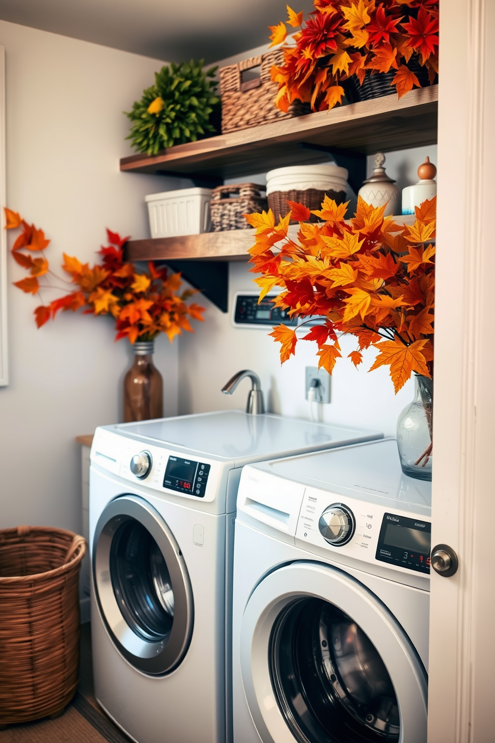 A cozy laundry room adorned with floral arrangements featuring vibrant autumn leaves in warm hues. The space includes a functional washing machine and dryer, surrounded by rustic wooden shelves displaying decorative baskets and seasonal accents.