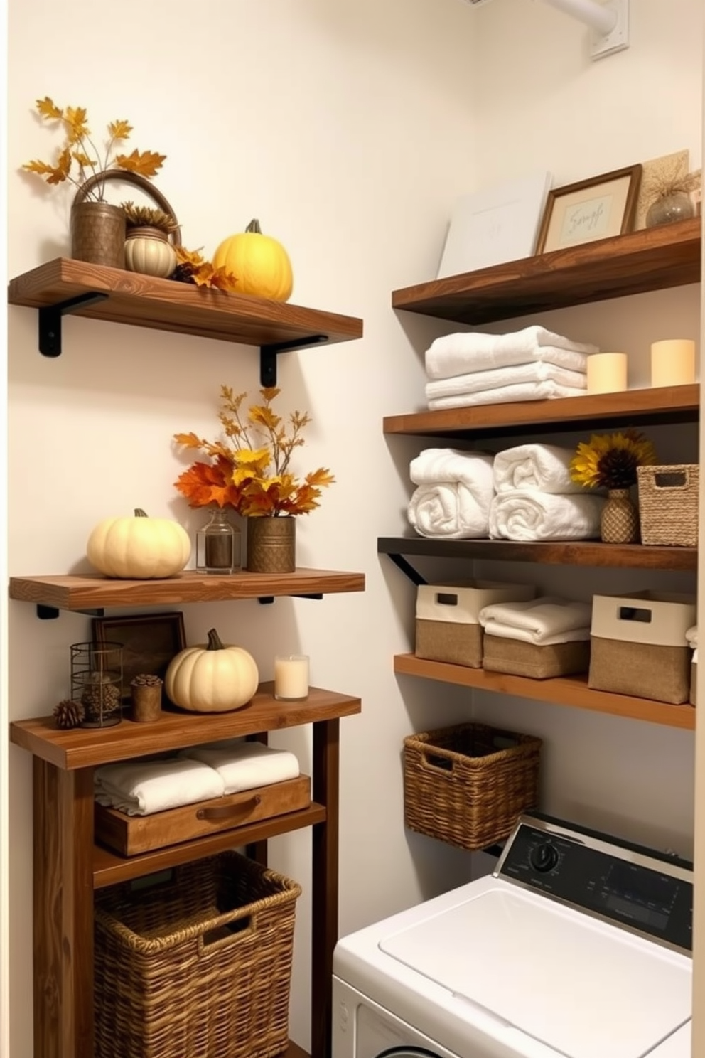 Rustic wooden shelves are mounted on the walls, showcasing a variety of decor items that reflect the warmth of the season. The shelves are adorned with pumpkins, autumn leaves, and cozy candles, creating a festive atmosphere for Thanksgiving. In the laundry room, the shelves are thoughtfully arranged with neatly folded towels and stylish storage baskets. The overall design combines functionality and charm, making the space inviting and practical for everyday use.