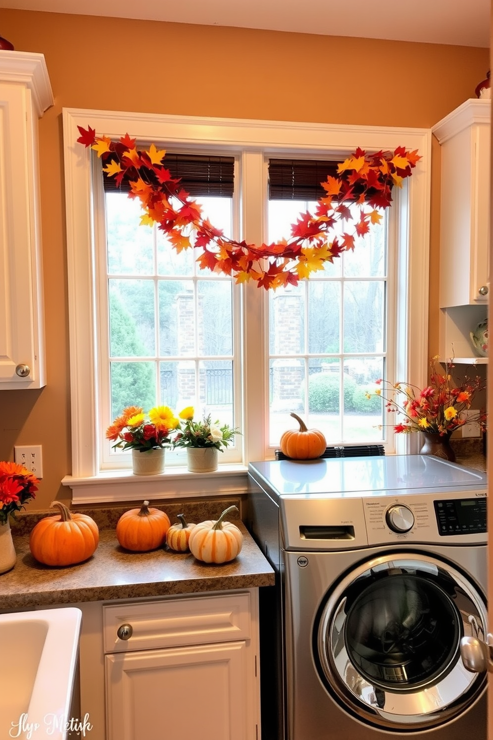 A cheerful laundry room decorated for Thanksgiving features colorful autumn garlands draped across the windows. The walls are painted in a warm beige tone, and the countertops are adorned with pumpkins and seasonal flowers.