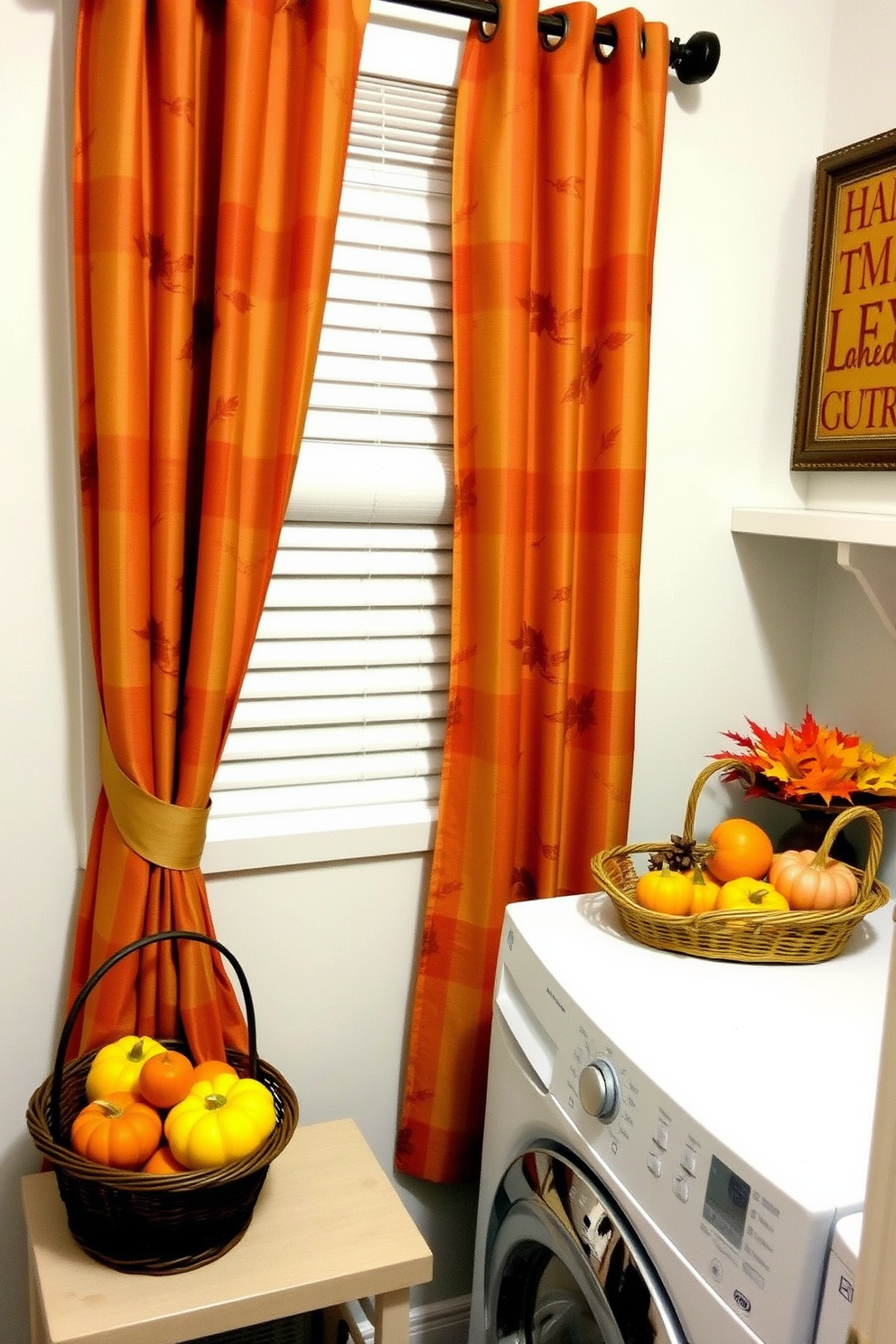 Thanksgiving themed laundry room curtains feature warm autumn colors with a mix of deep oranges, rich browns, and golden yellows. The fabric is adorned with subtle patterns of pumpkins and falling leaves, creating a cozy and festive atmosphere. For Thanksgiving laundry room decorating ideas, consider adding decorative baskets filled with seasonal fruits and small gourds. Incorporate a cheerful wall art piece that celebrates the holiday spirit, complementing the overall theme of warmth and gratitude.