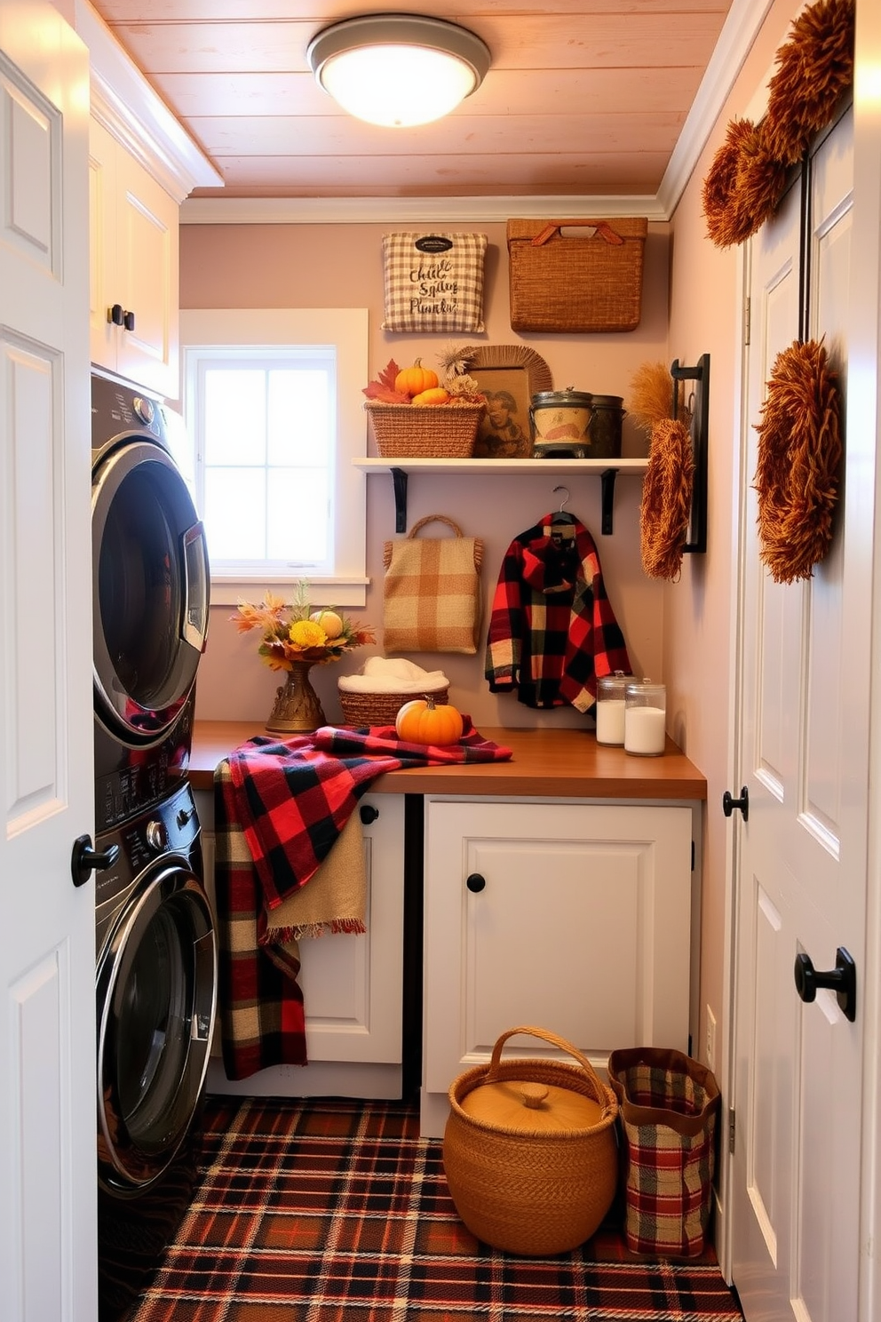 A cozy laundry room featuring plaid patterns in the textiles. The space is adorned with warm autumn colors and decorative elements inspired by Thanksgiving.