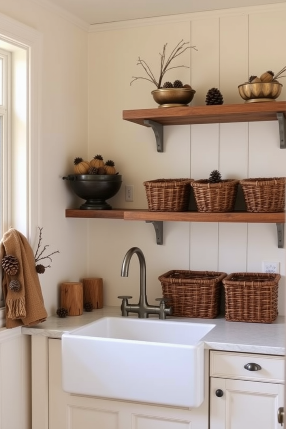 A cozy laundry room adorned with natural elements like pinecones and acorns creates a warm and inviting atmosphere. The walls are painted in a soft cream color, and rustic wooden shelves display decorative bowls filled with pinecones and acorns. A large farmhouse sink sits under a window, allowing natural light to flood the space. Woven baskets are neatly arranged on the shelves, providing both storage and a touch of seasonal decor.