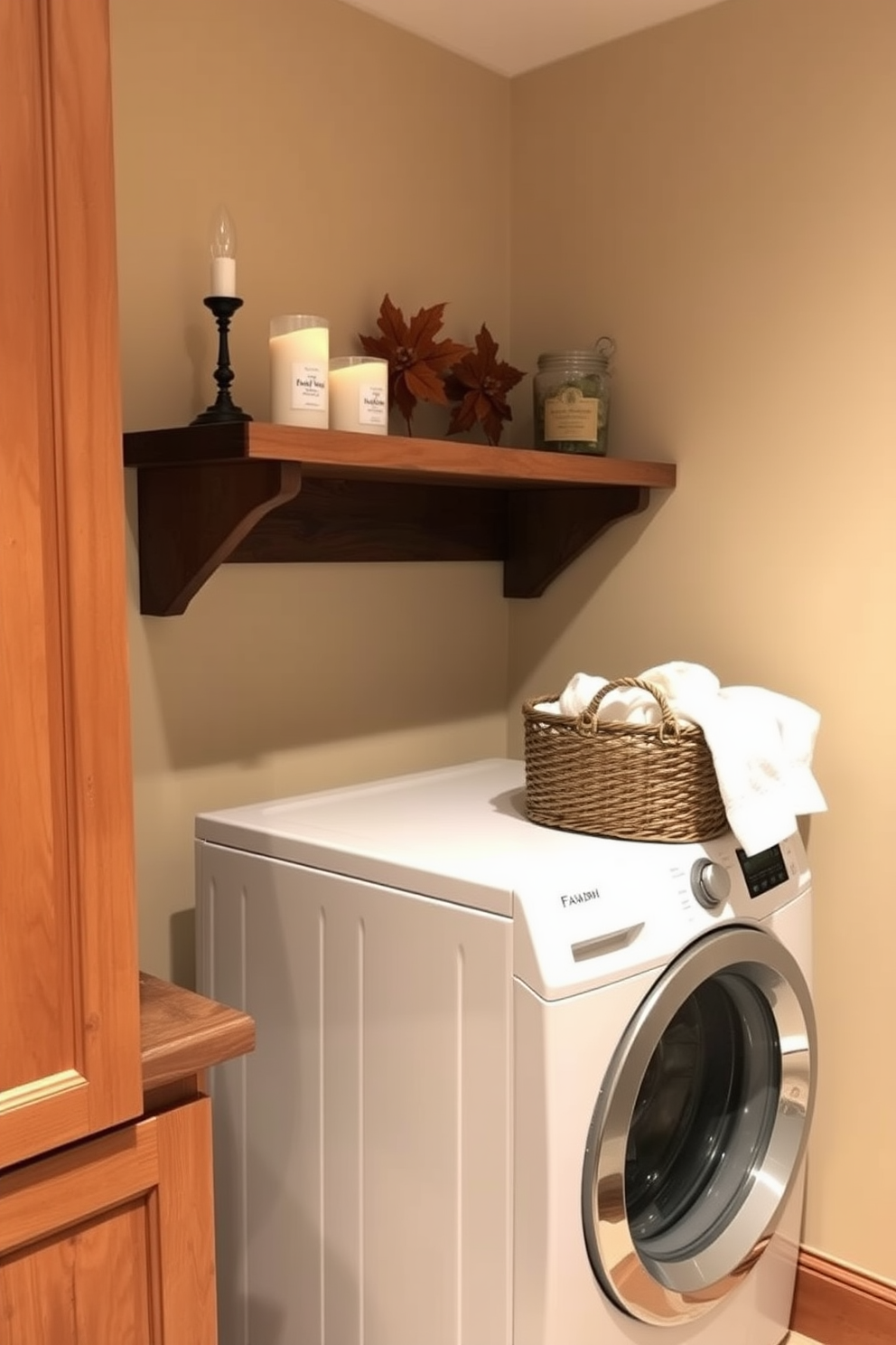 A cozy laundry room adorned with seasonal fragrances. Scented candles in autumnal scents are placed on a wooden shelf above the washing machine, creating a warm and inviting atmosphere. The walls are painted in a soft beige, complemented by rustic wooden cabinetry. A decorative basket filled with fresh towels sits next to the dryer, enhancing the space's charm.