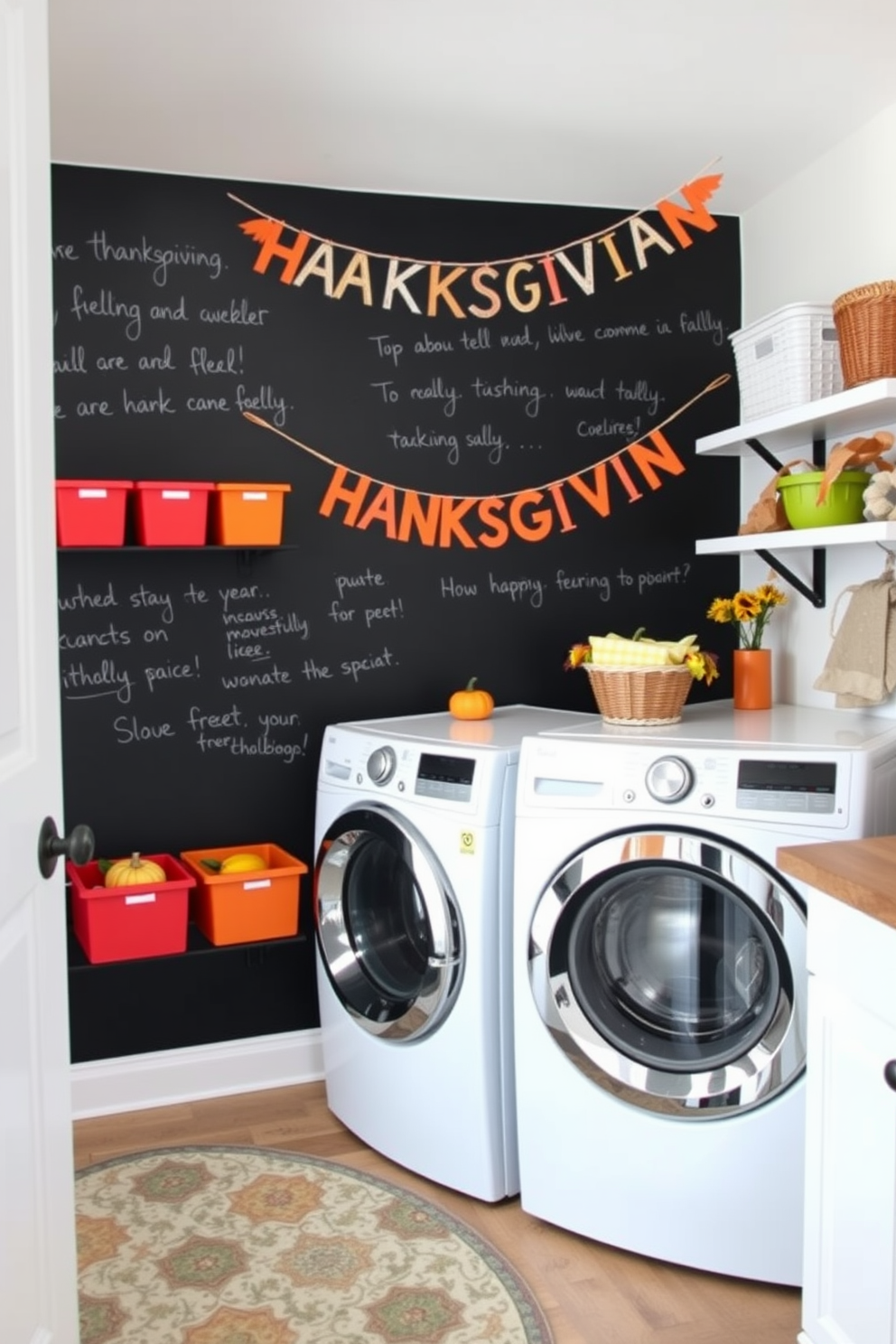 A charming laundry room features a large chalkboard wall where handwritten messages add a personal touch. Brightly colored storage bins are neatly organized on shelves, while a cozy rug adds warmth to the space. For Thanksgiving, the laundry room is adorned with seasonal decorations like small pumpkins and autumn leaves. A festive banner hangs above the washing machine, creating a cheerful atmosphere for holiday preparations.