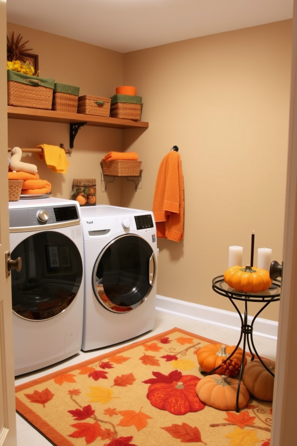 A cozy laundry room adorned with a Thanksgiving themed rug featuring autumn leaves and pumpkins. The walls are painted a warm beige, and a wooden shelf holds decorative baskets filled with seasonal items. A cheerful display of orange and yellow towels complements the festive theme. A small table in the corner is decorated with a pumpkin centerpiece and a few scented candles.