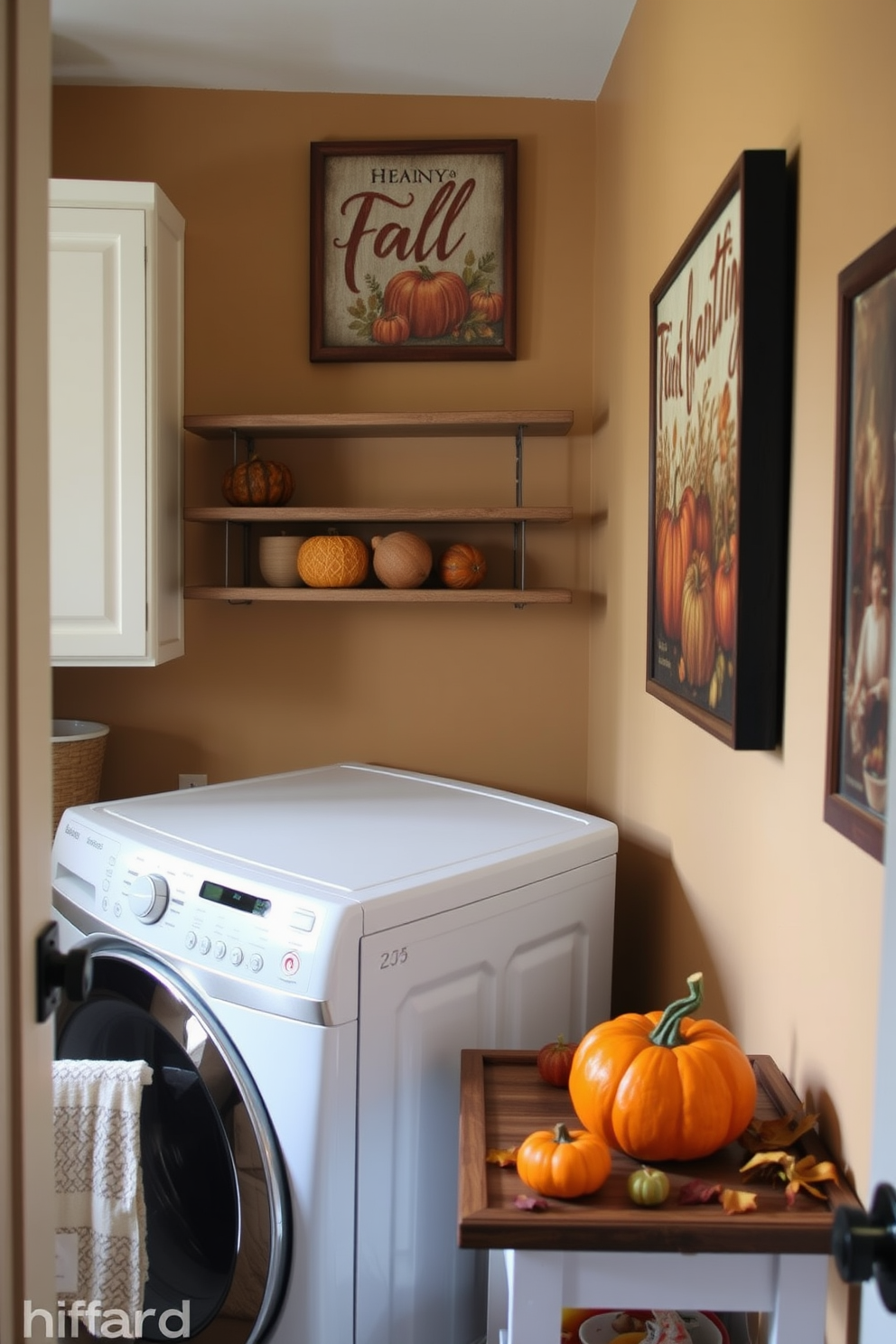 A cozy laundry room adorned with fall inspired artwork that captures the essence of Thanksgiving. The walls are painted in warm earth tones, and a rustic wooden shelf displays seasonal decorations like small pumpkins and autumn leaves.