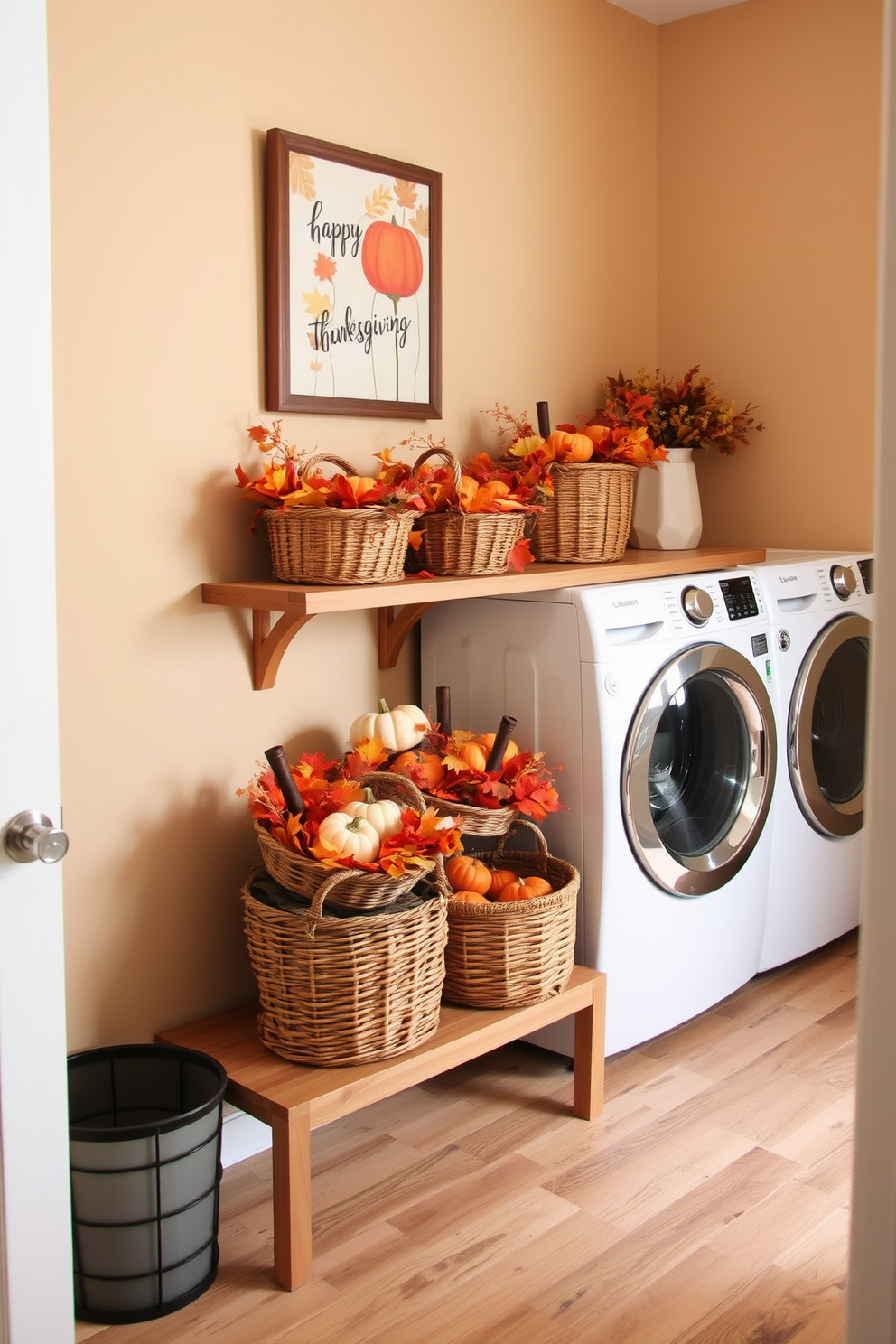 A cozy laundry room adorned with decorative baskets filled with seasonal Thanksgiving items. The walls are painted in a warm beige tone, and the floor features rustic wooden planks that enhance the inviting atmosphere. On a wooden shelf, several woven baskets overflow with autumn leaves, small pumpkins, and festive decorations. A cheerful autumn-themed artwork hangs above the shelf, adding a touch of seasonal charm to the space.