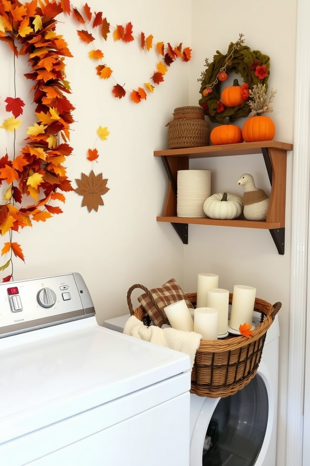 A cozy laundry room decorated for Thanksgiving features handmade crafts that add a personal touch. The walls are adorned with autumn-themed garlands made of leaves and pumpkins, while a wooden shelf displays various handmade decorations. A charming laundry basket is filled with seasonal items like decorative towels and scented candles. A warm color palette of oranges and browns enhances the inviting atmosphere, making it a delightful space to celebrate the holiday.