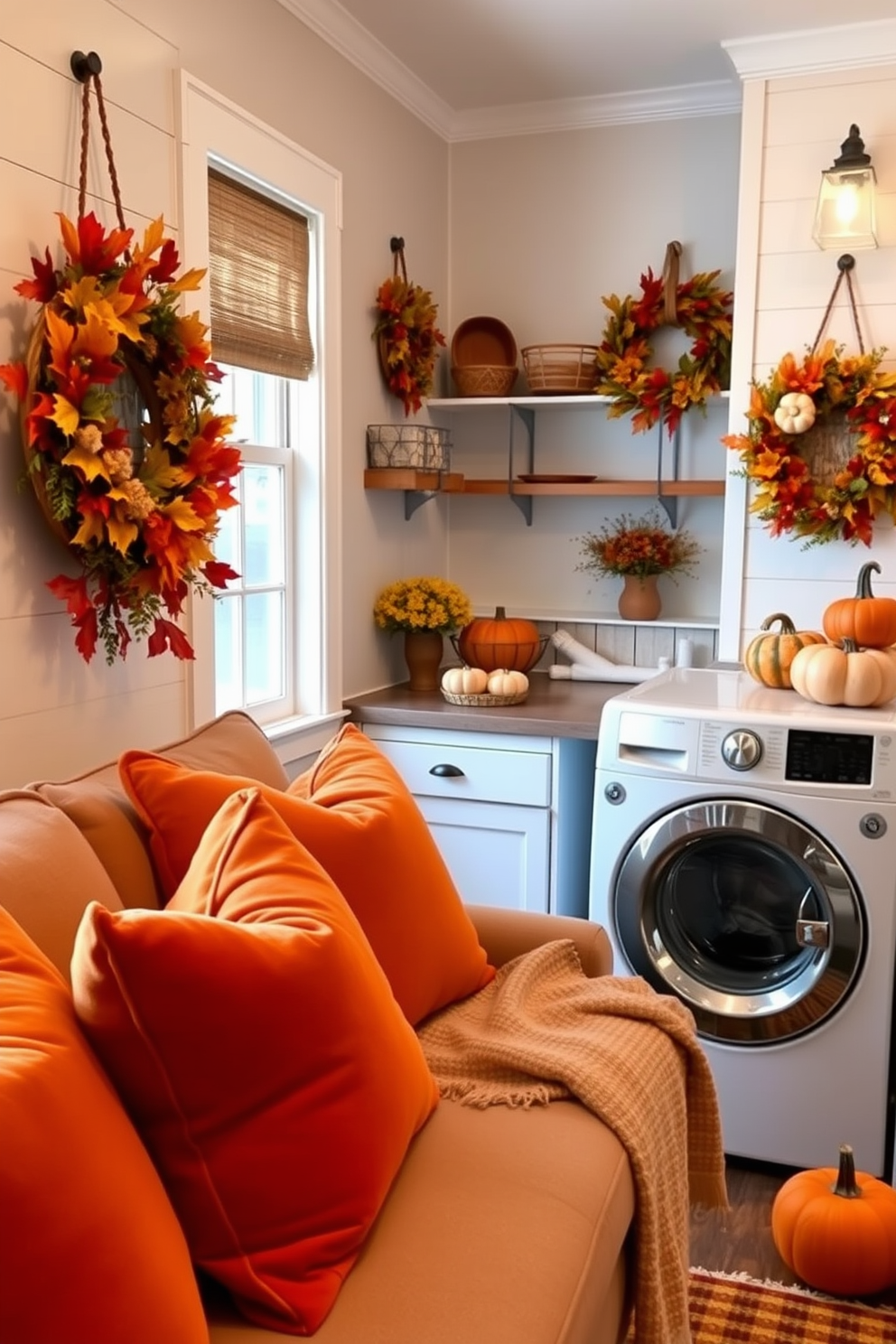 Cushioned seating area featuring rich autumn colors. Plush cushions in shades of orange, red, and yellow are arranged on a cozy sofa, complemented by a warm throw blanket. Thanksgiving laundry room decorated with seasonal accents. A charming display of pumpkins and gourds is placed on the countertop, while festive wreaths adorn the walls, adding a touch of holiday spirit.