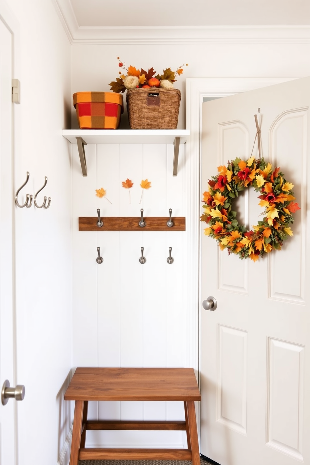 A cozy laundry room adorned with wall-mounted hooks designed for seasonal accessories. The hooks are made of brushed nickel, providing a modern touch against the soft white walls, while a rustic wooden bench sits beneath them for practicality. Colorful baskets filled with autumn-themed decorations are neatly arranged on the shelves above. A cheerful Thanksgiving wreath hangs on the door, adding warmth and festivity to the space.