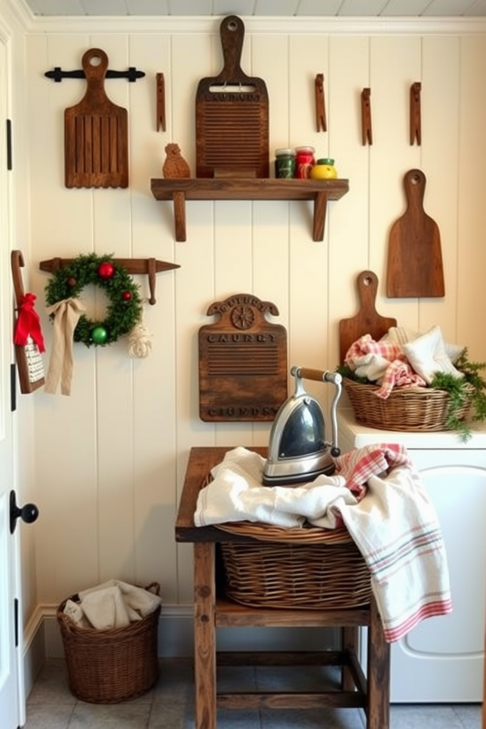 A vintage laundry room showcases charming laundry tools as decorative pieces. Antique washboards and wooden clothespins are artfully arranged on the walls, adding a nostalgic touch to the space. The room features a rustic wooden table topped with a vintage iron and a basket filled with colorful linens. Soft, warm lighting enhances the cozy atmosphere, making it an inviting space for holiday decorating.