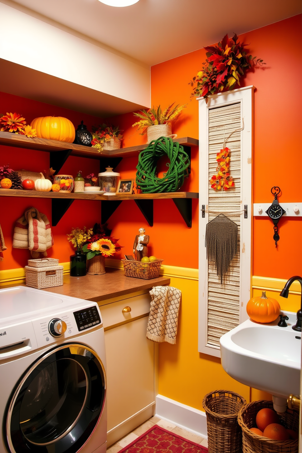 A vibrant laundry room adorned with colorful fall-themed decorations. The walls are painted in warm shades of orange and yellow, complemented by rustic wooden shelves displaying seasonal decor.