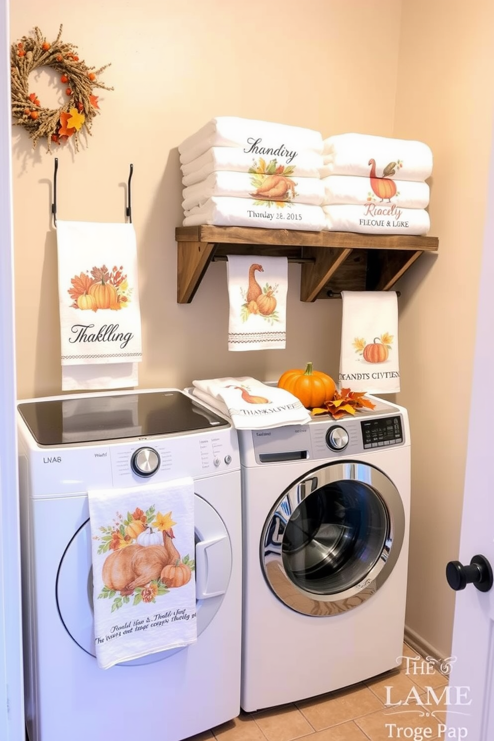 A cozy laundry room adorned with seasonal dish towels featuring Thanksgiving-themed designs. The walls are painted in a warm beige, and a rustic wooden shelf displays neatly folded towels alongside decorative pumpkins and autumn leaves.