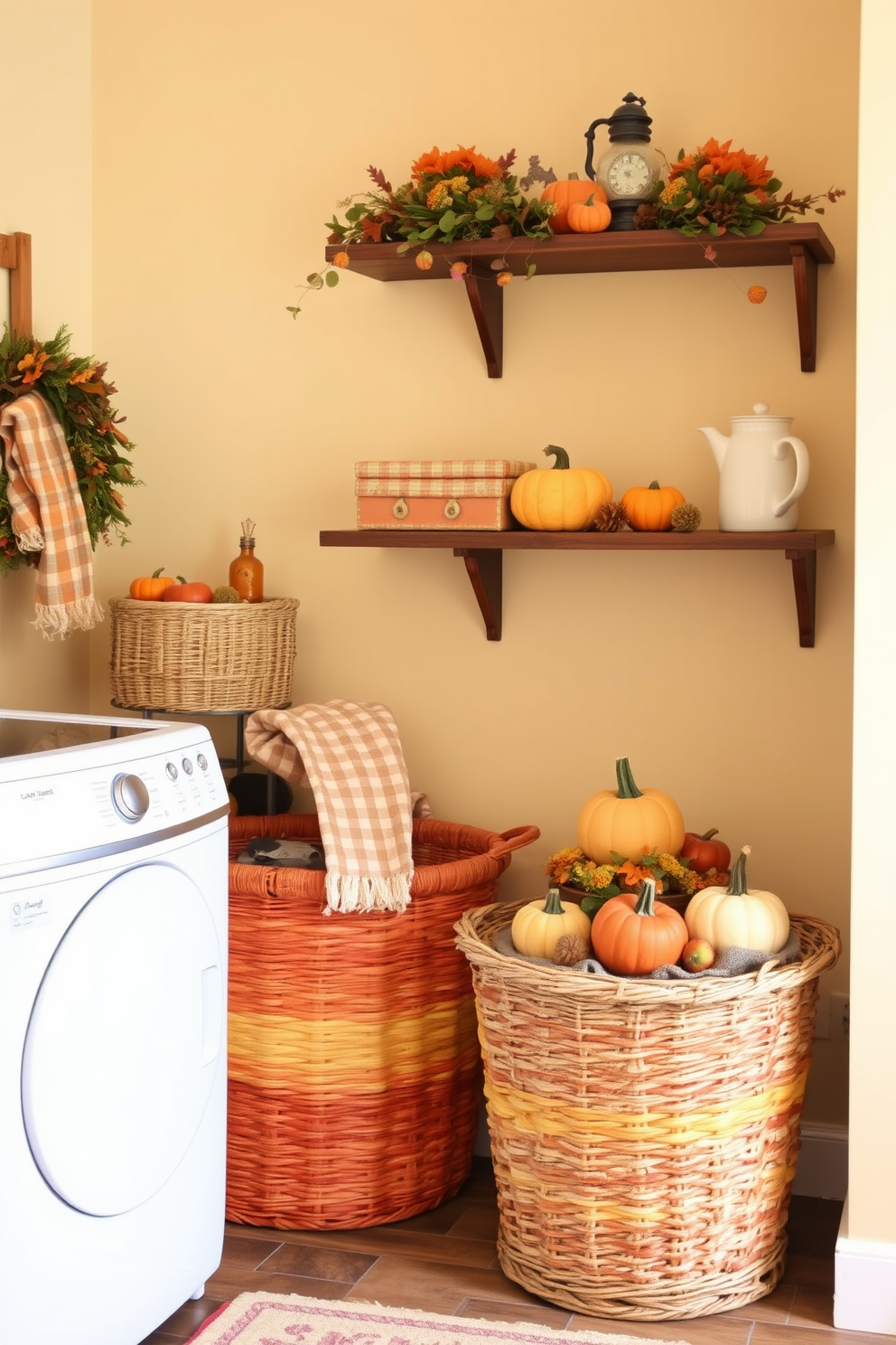 A cheerful laundry room filled with autumn colors. There are two woven laundry baskets in shades of orange and yellow, placed beside a wooden shelf adorned with seasonal decorations. The walls are painted a warm cream, creating a cozy atmosphere. A small table is set up with pumpkins and fall-themed decor, adding a festive touch to the space.