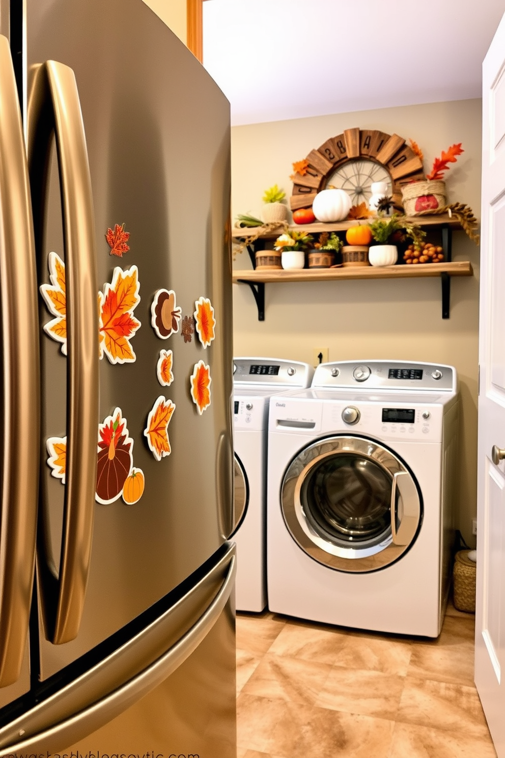 Thanksgiving themed magnets are placed on the refrigerator and dishwasher, showcasing autumn leaves, pumpkins, and turkeys. The laundry room features warm colors with a cozy feel, including a rustic wooden shelf adorned with seasonal decorations.