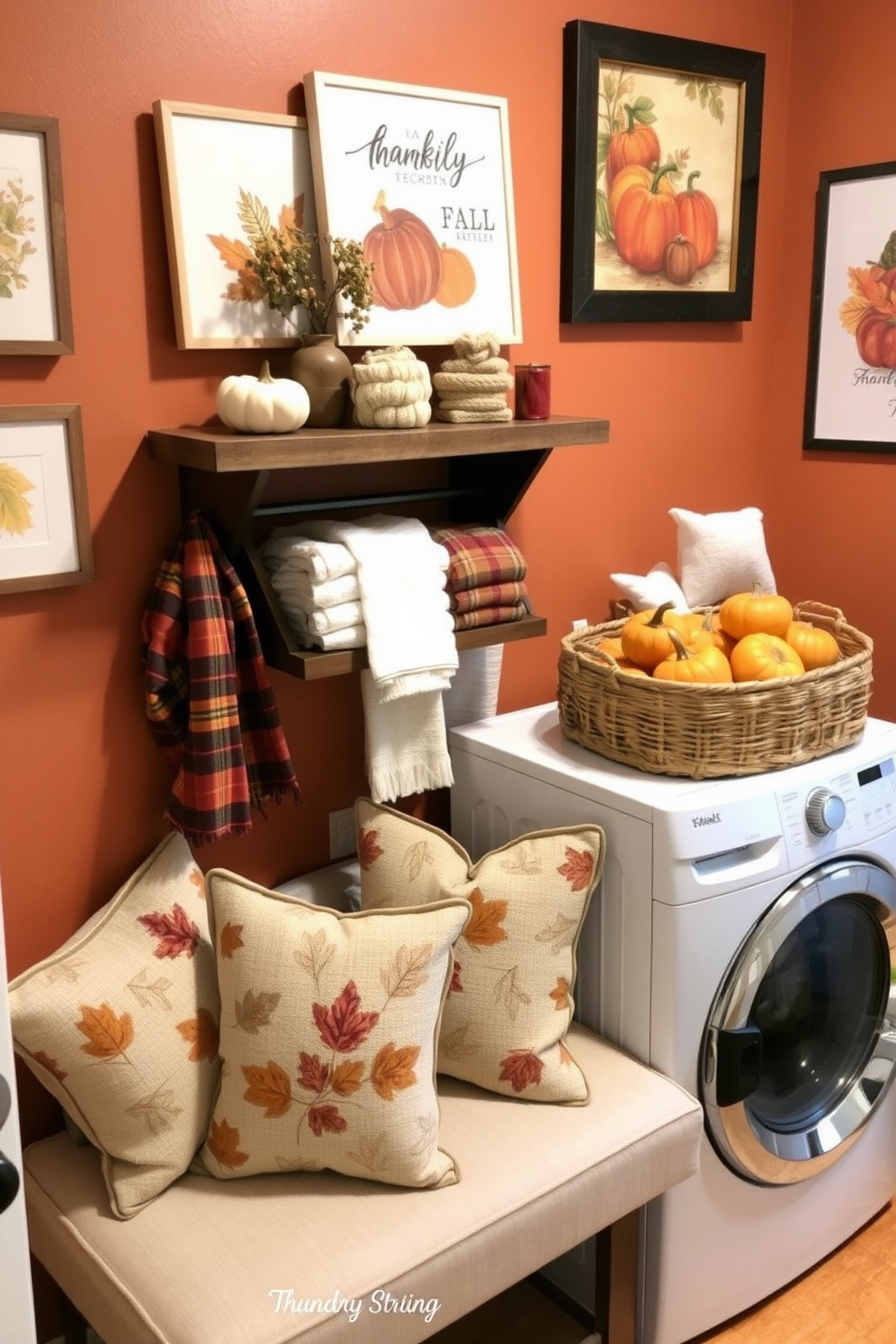 Cozy throw pillows with fall patterns are scattered across a comfortable bench in the laundry room. The walls are painted in warm earth tones, and a rustic shelf displays seasonal decorations and neatly folded towels. Thanksgiving-themed artwork adorns the walls, adding a festive touch to the space. A woven basket filled with colorful pumpkins sits beside the washer, enhancing the cozy autumn atmosphere.