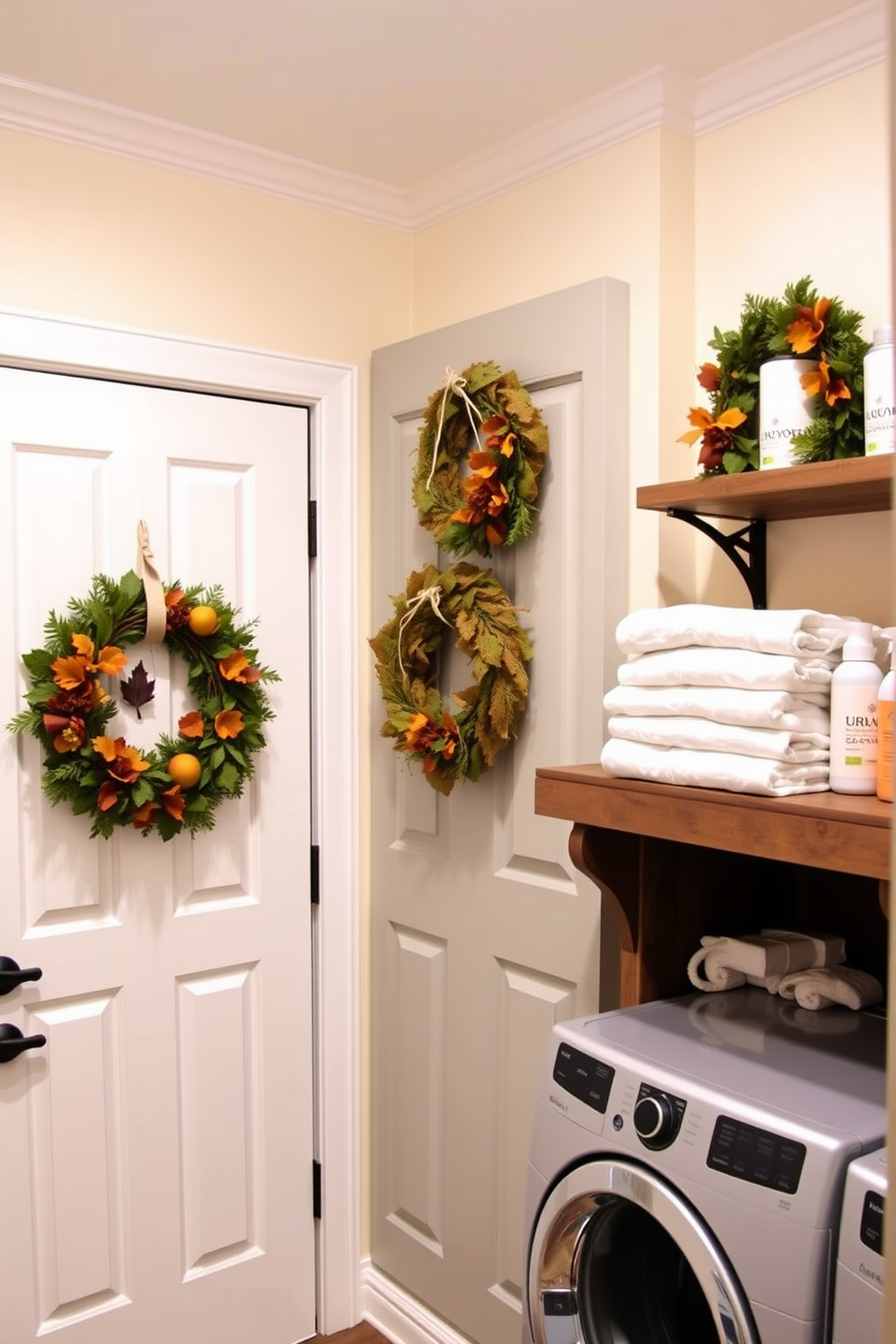 A warm and inviting laundry room featuring seasonal wreaths on the door to celebrate Thanksgiving. The walls are painted in a soft cream color, and a rustic wooden shelf holds neatly folded towels and laundry supplies.