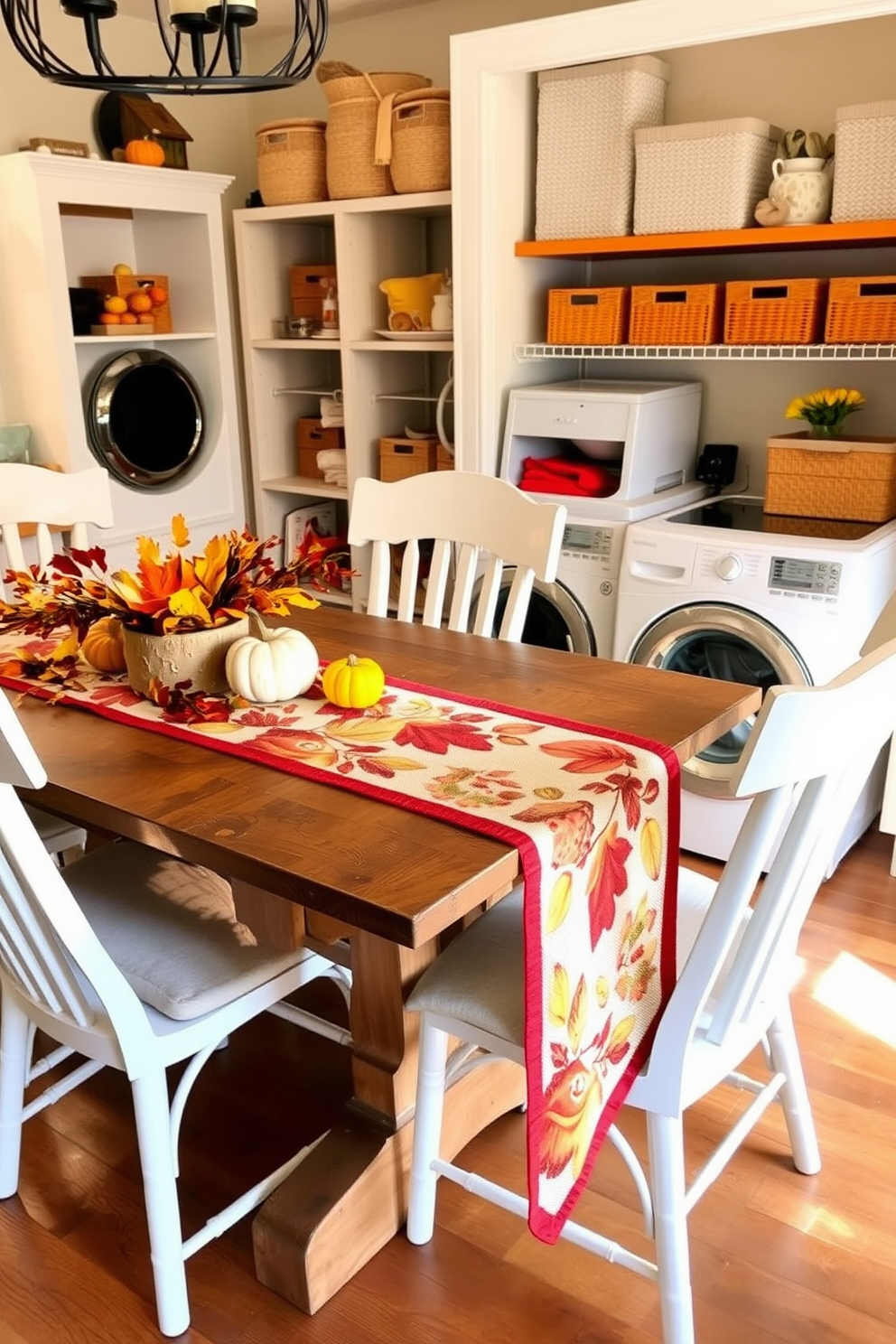 A harvest themed table runner is draped elegantly across a rustic wooden dining table adorned with autumn leaves and small pumpkins. Soft golden lighting enhances the warm colors of the runner, creating a cozy atmosphere perfect for Thanksgiving gatherings. The laundry room features a stylish design with a decorative table runner that complements the overall color scheme. Functional yet beautiful, the space includes organized shelves and vibrant baskets that add a touch of personality to the room.