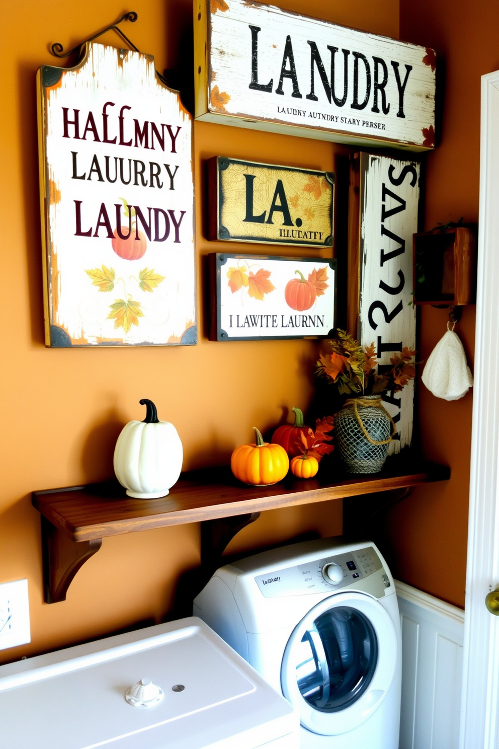 A charming laundry room adorned with vintage laundry signage featuring autumn motifs. The walls are painted in warm earth tones, and a rustic wooden shelf displays seasonal decorations like pumpkins and dried leaves.