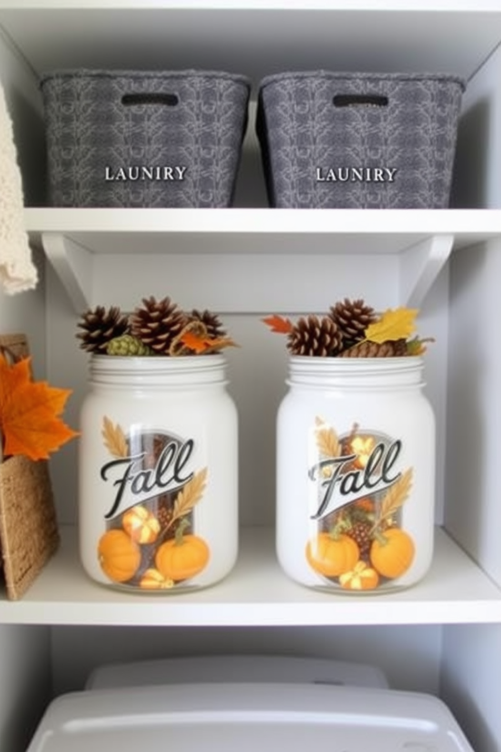 A cozy laundry room featuring mason jar storage adorned with fall embellishments. The jars are filled with seasonal items like pinecones and small pumpkins, adding a festive touch to the space.