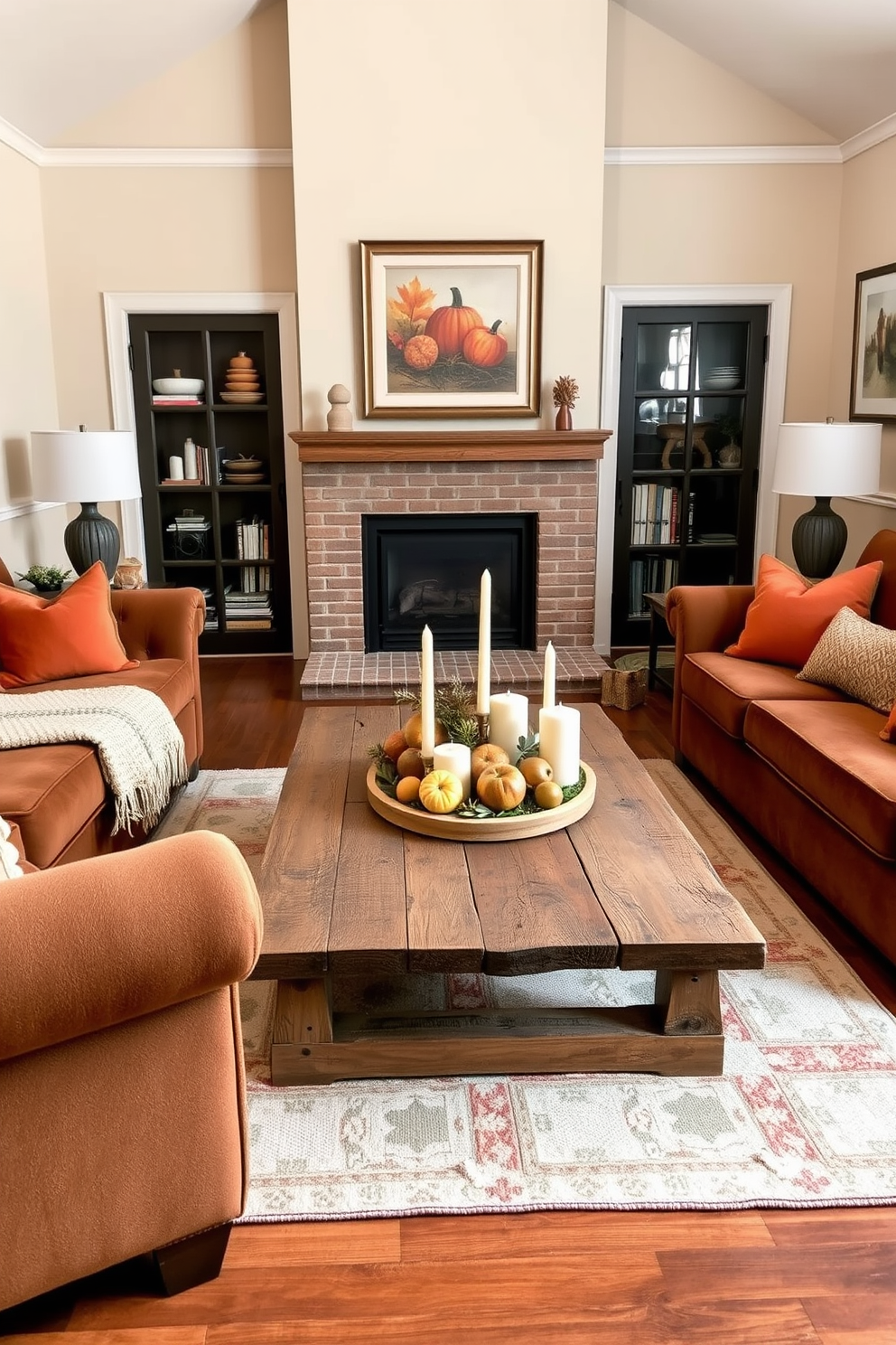 A cozy living room adorned with warm earthy tones creates an inviting atmosphere for Thanksgiving gatherings. Plush sofas in rich browns and deep oranges are complemented by soft throw pillows and a large woven blanket draped over the armrest. A rustic coffee table made of reclaimed wood sits at the center, adorned with a centerpiece of seasonal fruits and candles. The walls are decorated with framed autumn-themed artwork, while a soft area rug in muted tones adds warmth to the hardwood floor.