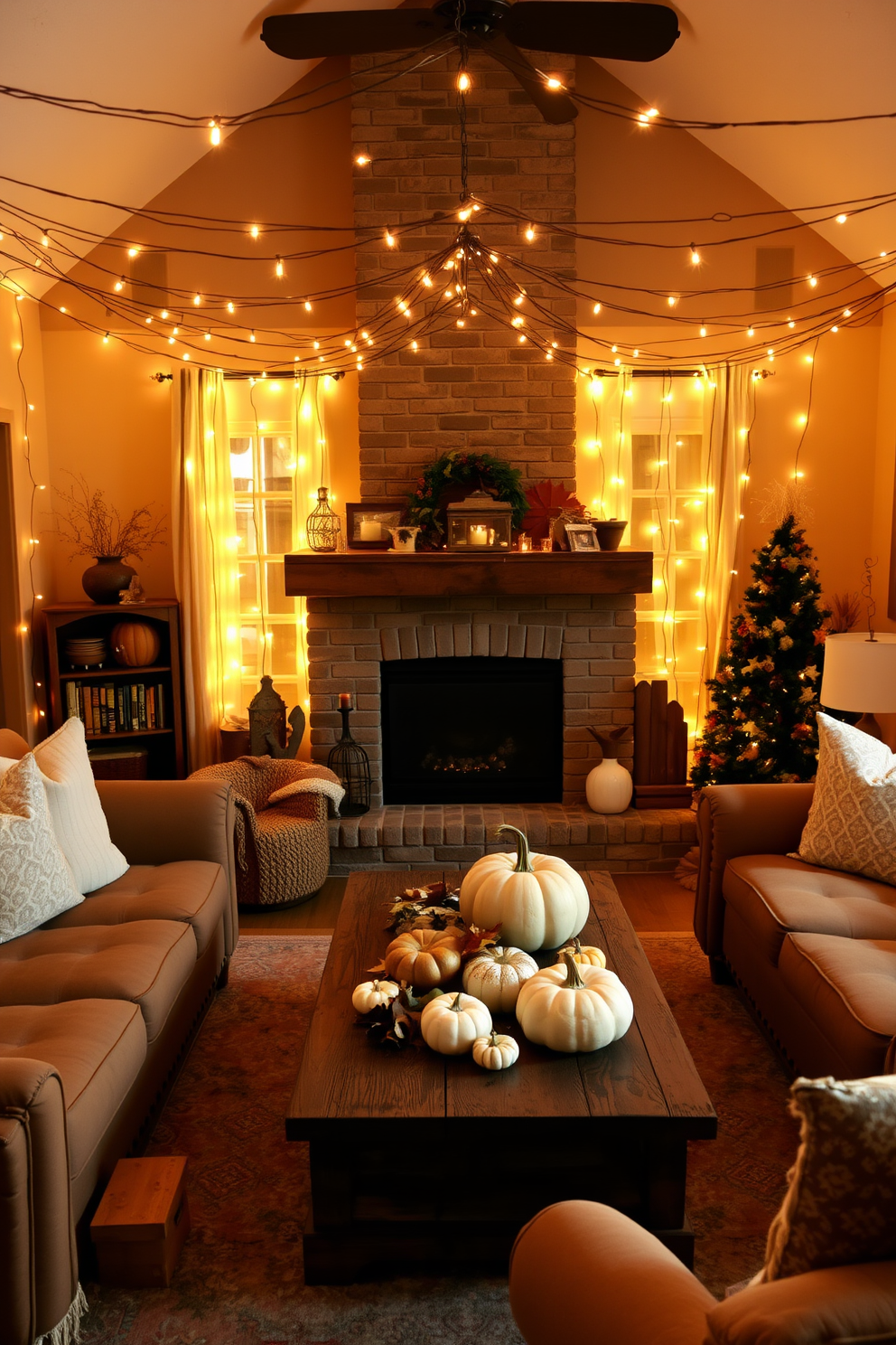 A cozy Thanksgiving living room setting adorned with string lights that cast a warm, inviting glow. Plush seating is arranged around a rustic wooden coffee table, decorated with seasonal accents like pumpkins and autumn leaves.