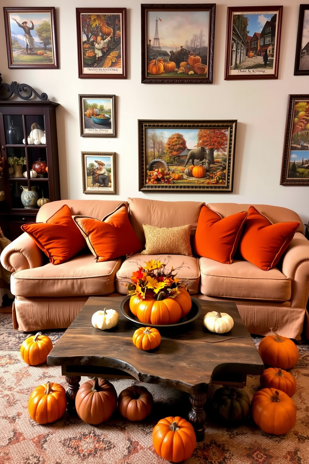 A cozy vintage Thanksgiving living room setting. The walls are adorned with framed Thanksgiving postcards, showcasing nostalgic autumn scenes and warm colors. A plush, oversized sofa is decorated with orange and gold throw pillows. A rustic wooden coffee table sits in the center, surrounded by scattered pumpkins and a festive centerpiece.