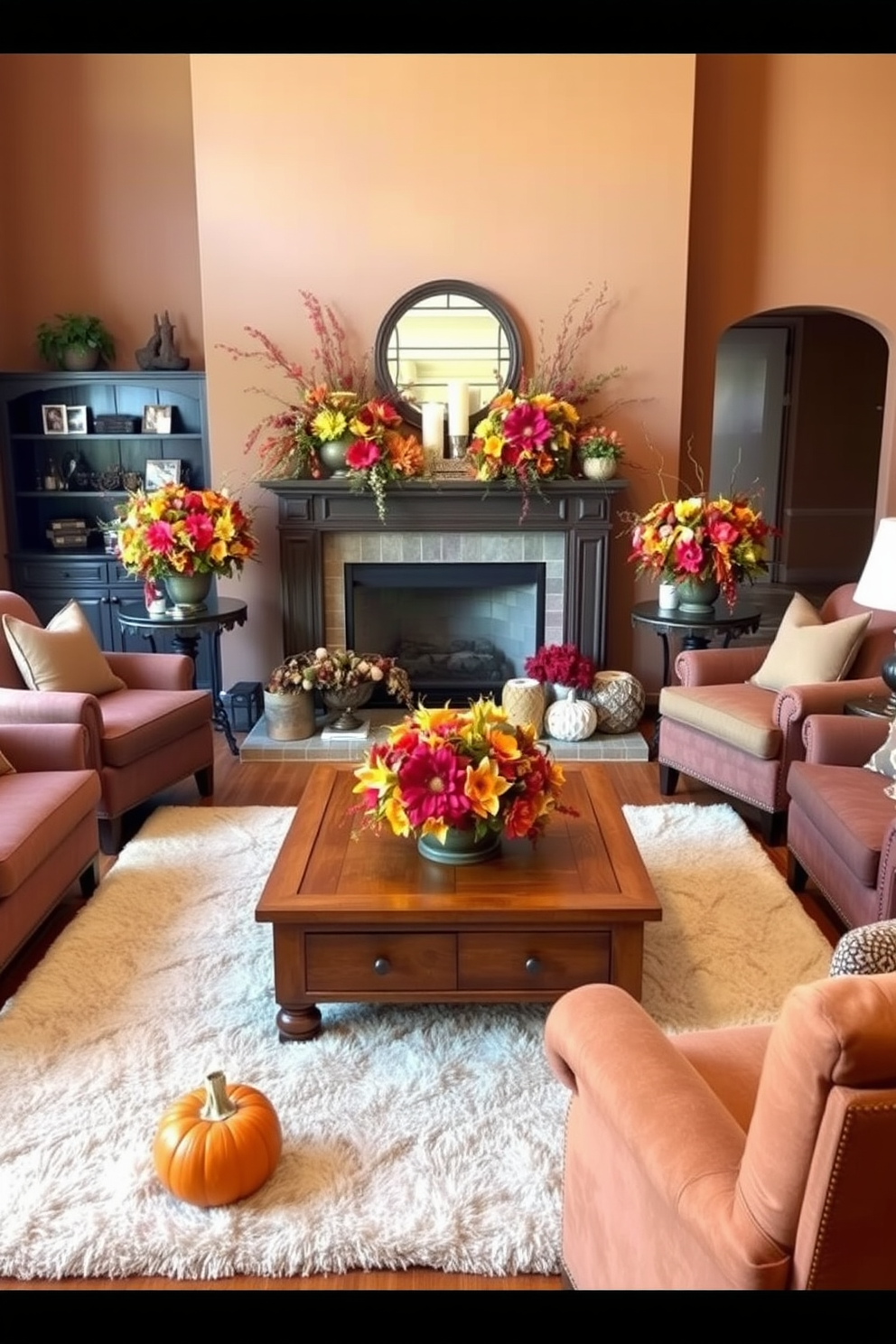 A cozy living room adorned with floral arrangements featuring vibrant fall blooms. A large wooden coffee table sits in the center, surrounded by plush armchairs and a soft area rug. The walls are painted in warm earth tones, creating an inviting atmosphere. A decorative fireplace serves as a focal point, decorated with seasonal accents and candles.