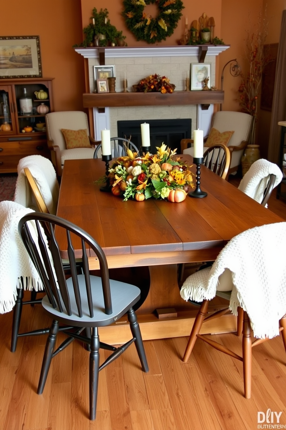 A rustic wooden table is set in a cozy living room adorned with warm autumn colors. Surrounding the table are mismatched chairs, each with its unique charm, creating an inviting atmosphere for Thanksgiving gatherings. The table is beautifully decorated with a centerpiece of seasonal flowers and candles, enhancing the festive spirit. Soft, plush blankets are draped over the chairs, inviting guests to sit and enjoy the warmth of the space.