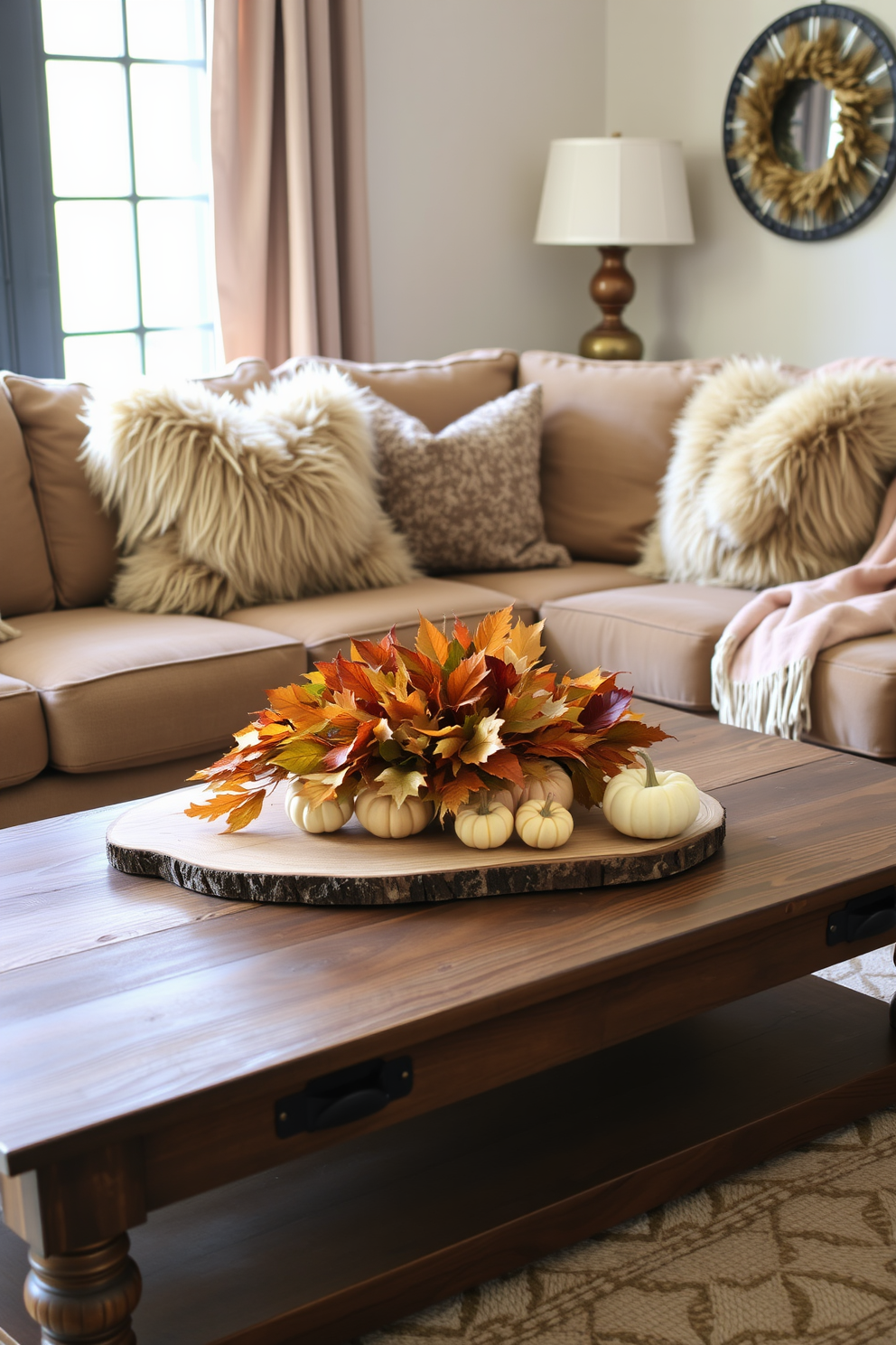 A cozy Thanksgiving living room setting featuring a plush sofa adorned with faux fur throw pillows and a matching blanket draped over the armrest. A rustic wooden coffee table sits in front, decorated with a centerpiece of autumn leaves and small pumpkins, creating a warm and inviting atmosphere.