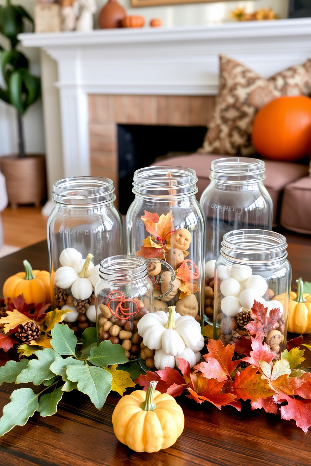 Glass jars filled with seasonal items create a warm and inviting atmosphere in your Thanksgiving living room. Arrange the jars on a wooden coffee table, surrounded by autumn-themed decor like small pumpkins and colorful leaves.