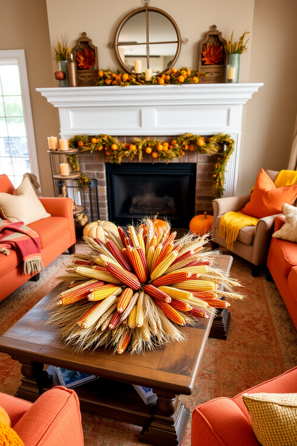 A vibrant Thanksgiving living room adorned with colorful corn and wheat bundles creates a festive atmosphere. The bundles are artfully arranged on a rustic wooden coffee table surrounded by plush seating in warm autumn hues. A large fireplace serves as the focal point, decorated with seasonal garlands and candles. Soft throw blankets and pillows in rich oranges and yellows enhance the cozy feel of the space.