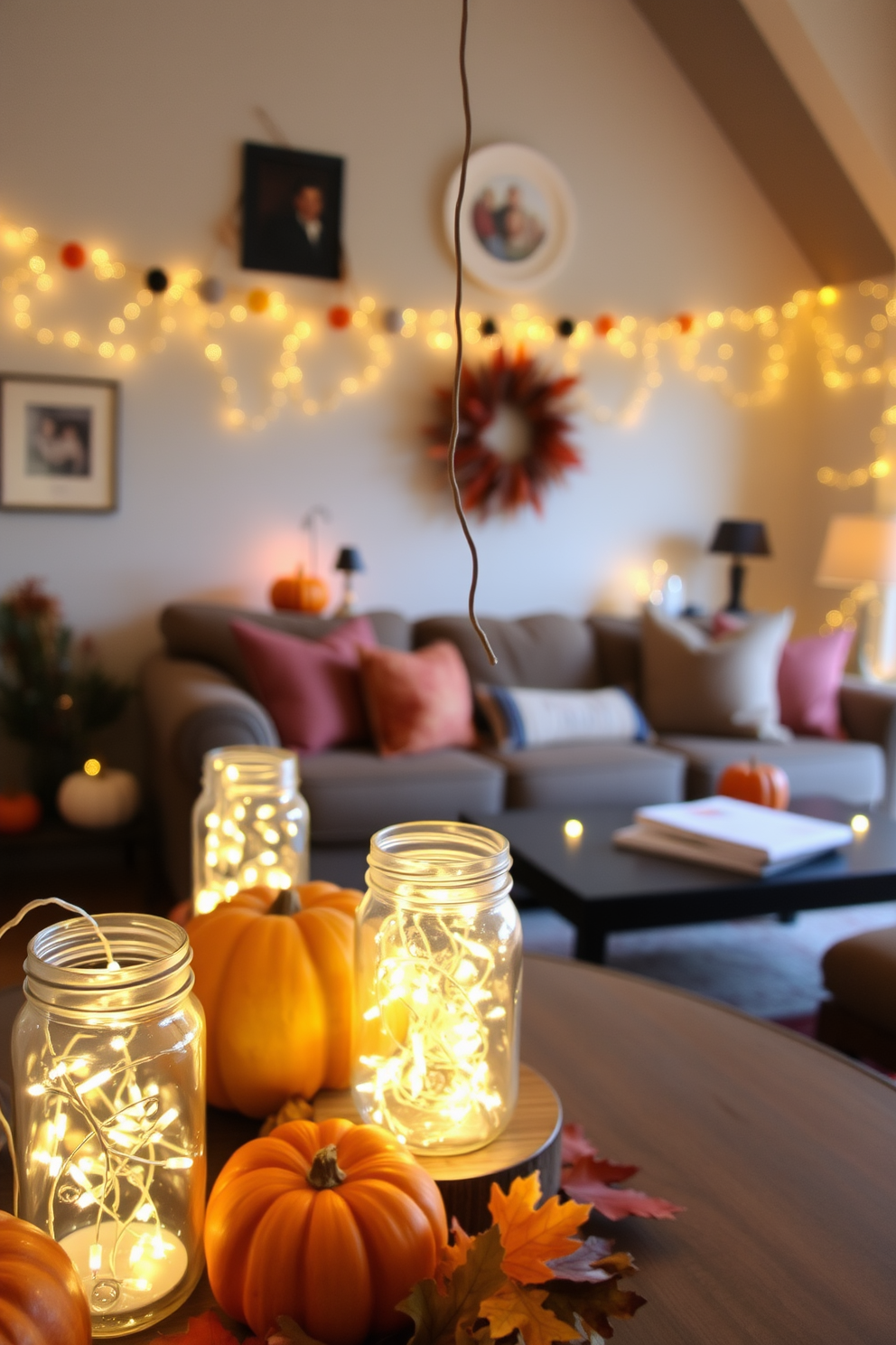 A cozy Thanksgiving living room adorned with mason jars filled with twinkling fairy lights. The warm glow creates a festive atmosphere, complementing the autumn-themed decor scattered throughout the space.