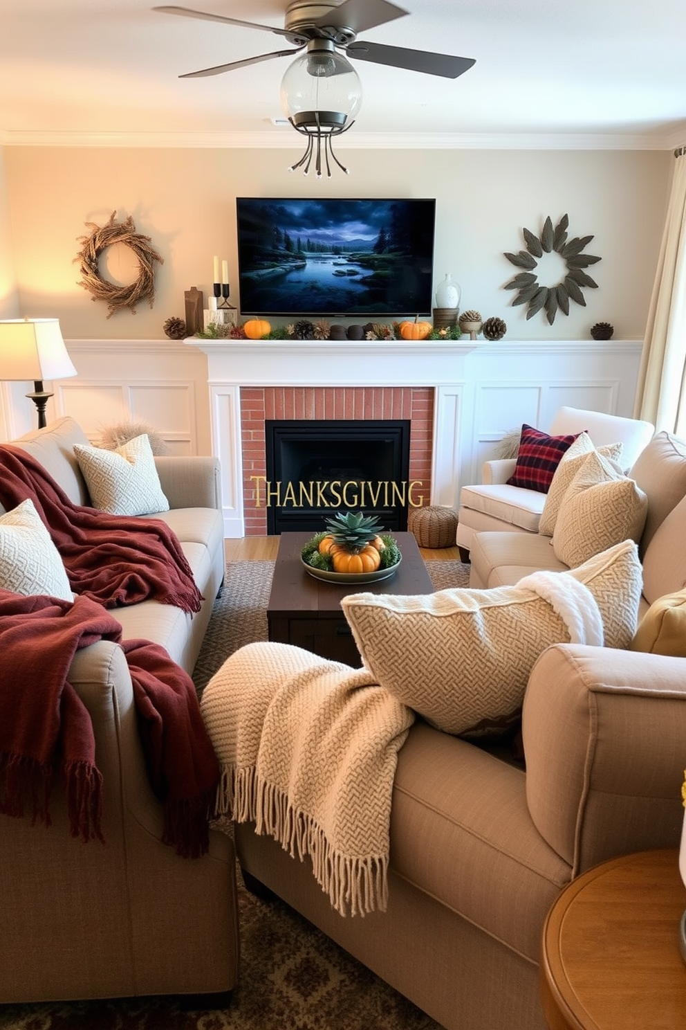 A warm and inviting living room adorned for Thanksgiving. Soft, cozy throw blankets are draped over plush sofas, creating a comfortable and welcoming atmosphere.