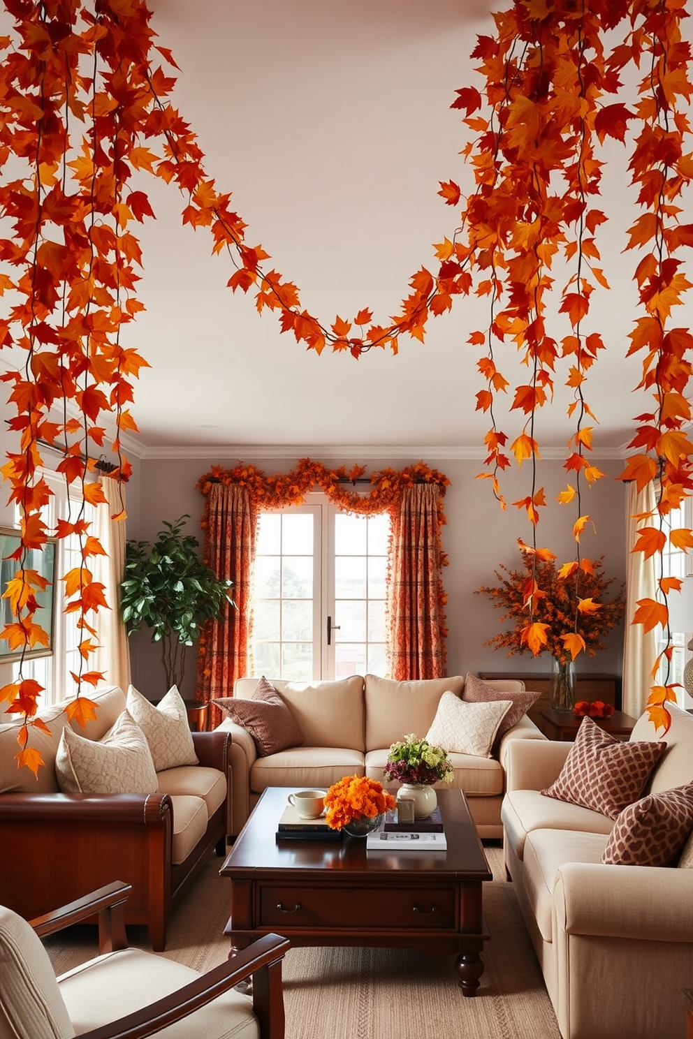 A cozy living room adorned with hanging garlands of vibrant autumn leaves. The warm tones of the leaves complement the rich wooden furniture and soft beige upholstery throughout the space.