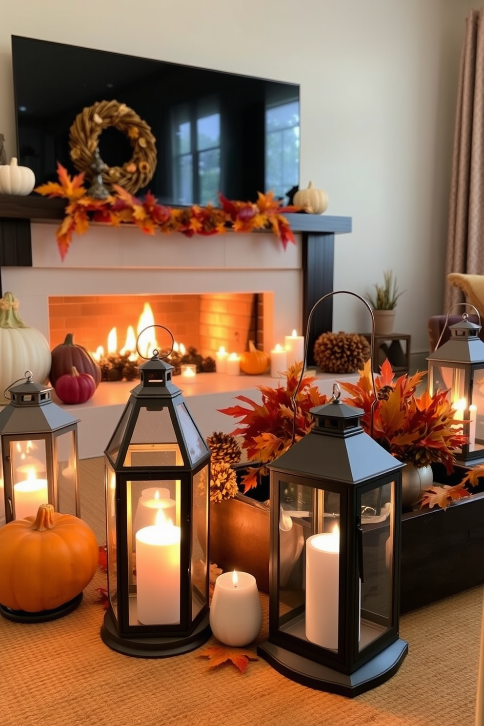 Charming lanterns are strategically placed around the living room to create a warm and inviting atmosphere. The soft glow from the lanterns complements the rich autumn colors of the Thanksgiving decorations, enhancing the cozy feel of the space.