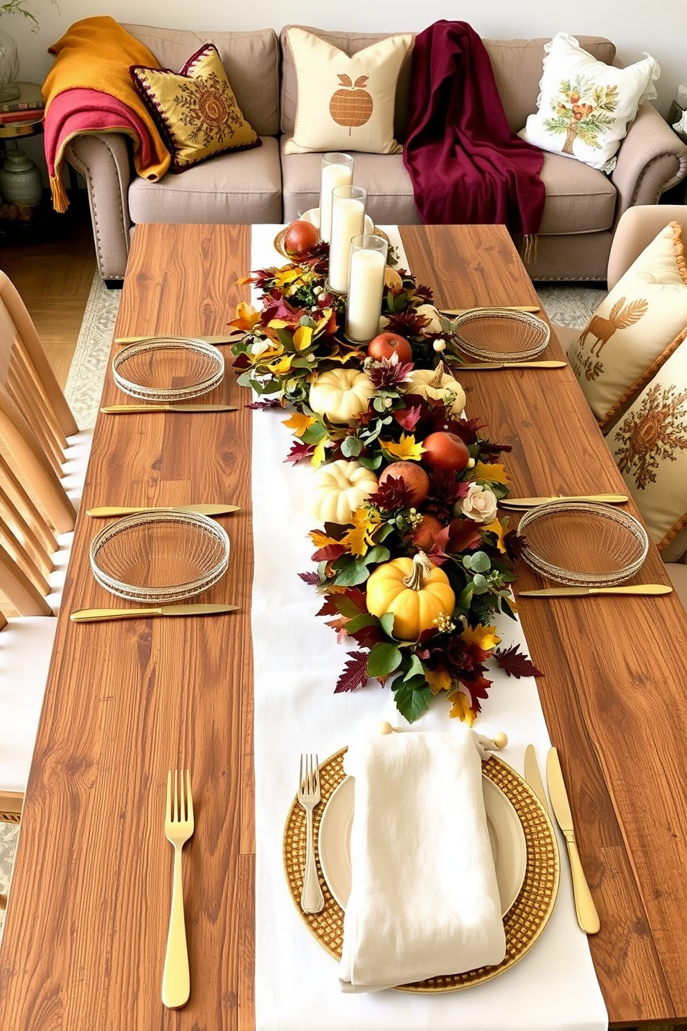 A stylish Thanksgiving-themed table setting features a long wooden dining table adorned with a crisp white tablecloth and golden cutlery. Centered on the table is a lush arrangement of autumn leaves, pumpkins, and candles, creating a warm and inviting atmosphere. For Thanksgiving living room decorating ideas, the space is filled with cozy textures and warm colors. Plush throw blankets in rich burgundy and mustard yellow drape over a comfortable sofa, while decorative pillows with seasonal motifs add a festive touch.