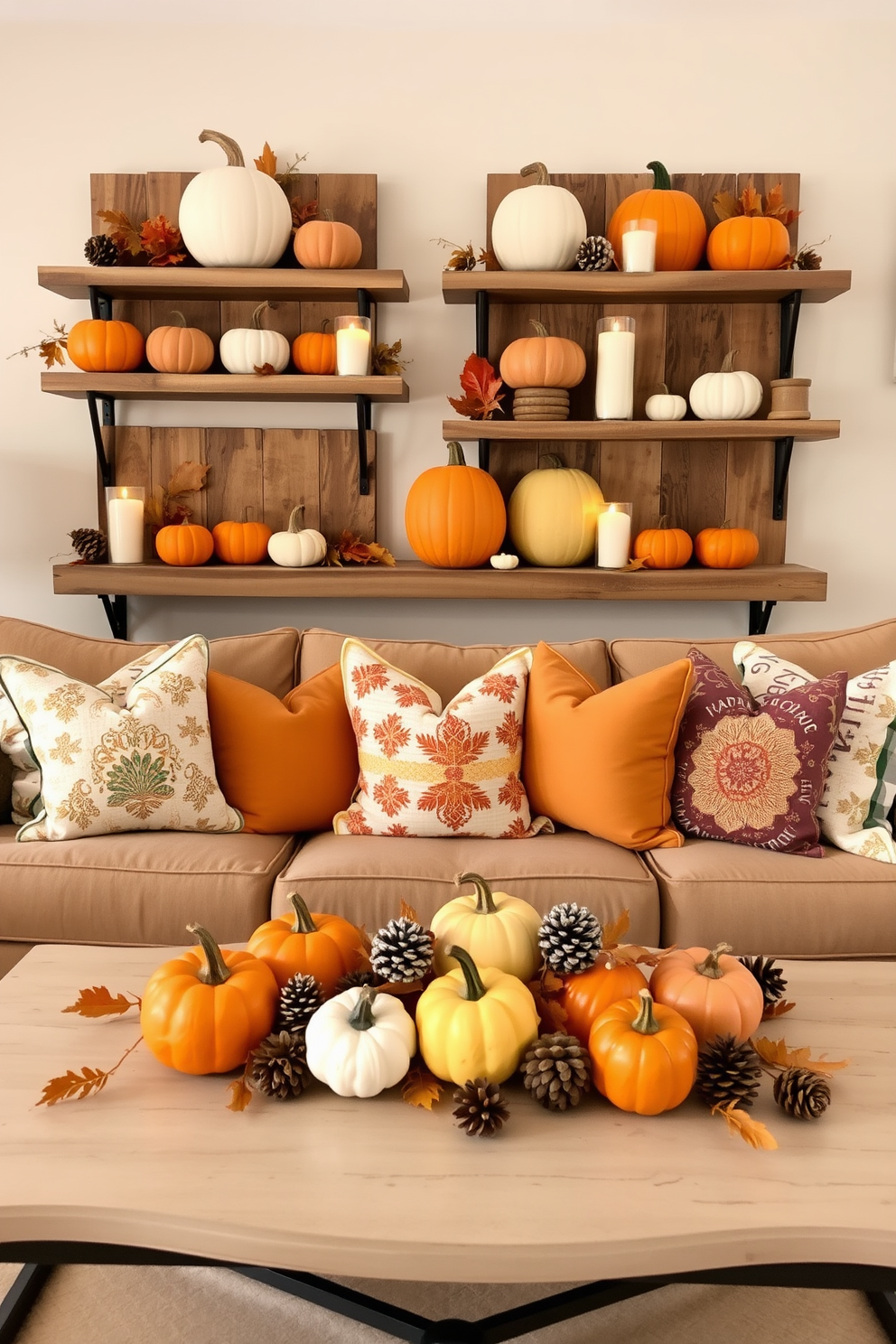 Creative pumpkin displays on rustic wooden shelves create a warm and inviting atmosphere in the living room. The pumpkins are arranged in varying sizes and colors, complemented by autumn leaves and candles for a festive touch. Thanksgiving decor enhances the cozy ambiance with plush throw pillows featuring seasonal patterns. A beautifully set coffee table showcases a centerpiece of mini pumpkins surrounded by pinecones and soft, flickering lights.