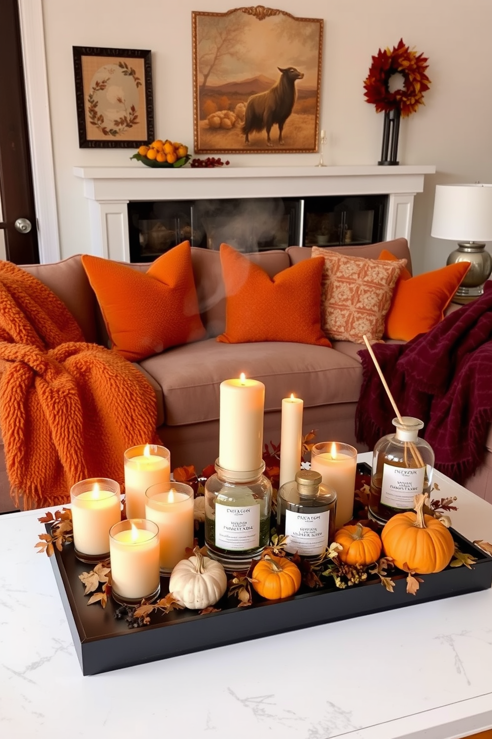 A cozy living room adorned with warm autumn hues. Plush throw blankets and decorative pillows in shades of orange and burgundy are scattered across a comfortable sofa. A stylish coffee table is set with an array of scented candles and diffusers, emanating seasonal fragrances of cinnamon and pumpkin spice. A centerpiece made of seasonal foliage and small pumpkins adds a festive touch to the space.