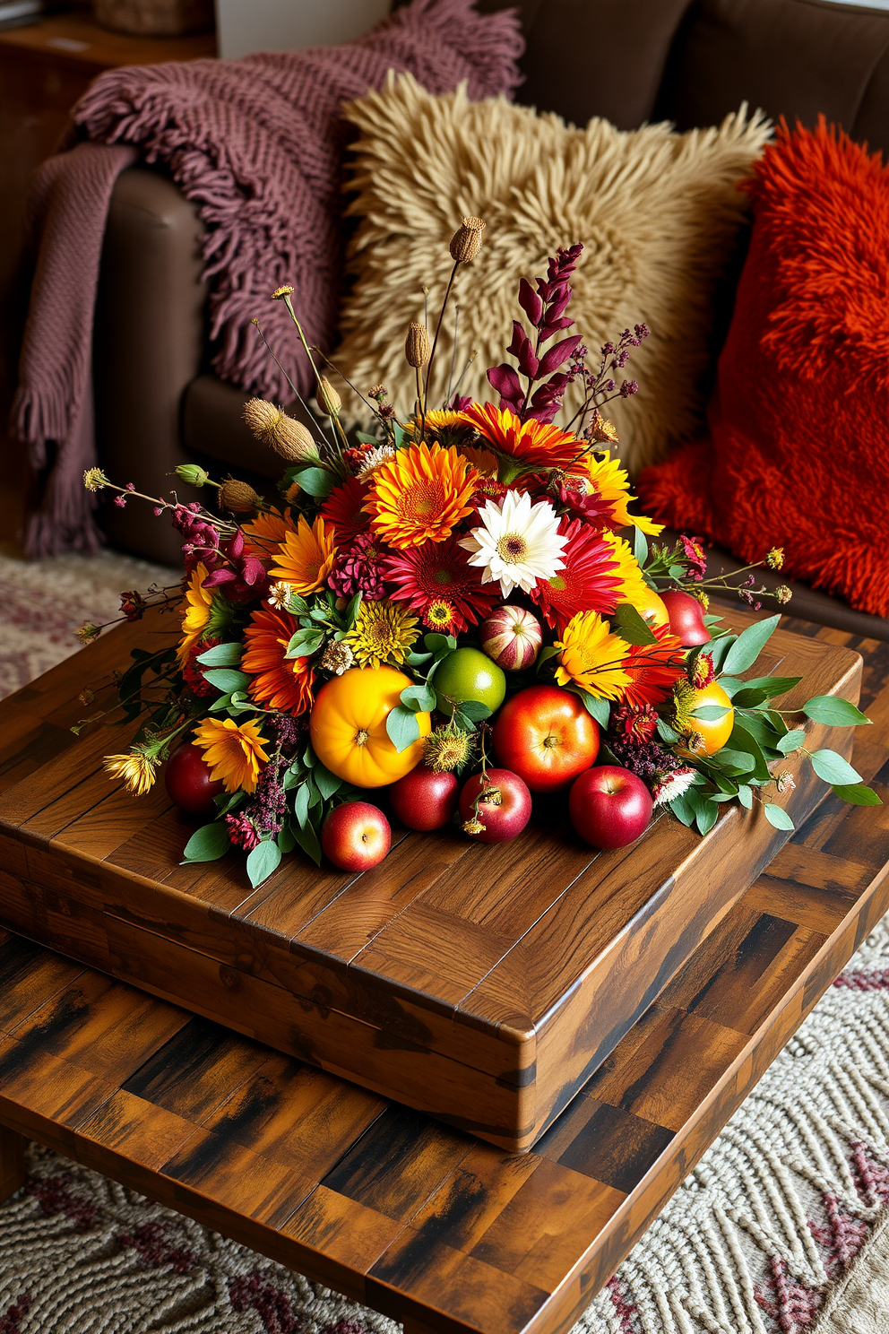 Artistic centerpieces featuring a vibrant arrangement of seasonal fruits and fresh flowers create a warm and inviting atmosphere. The centerpiece is placed on a rustic wooden coffee table, surrounded by cozy throw blankets and plush cushions in autumnal colors.