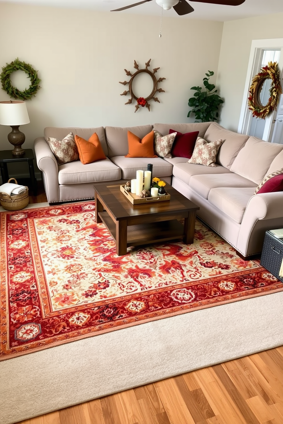 A cozy Thanksgiving living room adorned with layered rugs for added comfort. The first rug is a large, soft beige base layer, topped with a smaller, intricately patterned area rug in warm autumn colors. A plush sectional sofa is arranged around a rustic wooden coffee table, creating an inviting gathering space. Decorative throw pillows in rich hues of orange and burgundy complement the seasonal theme, while a few candles flicker softly on the table.