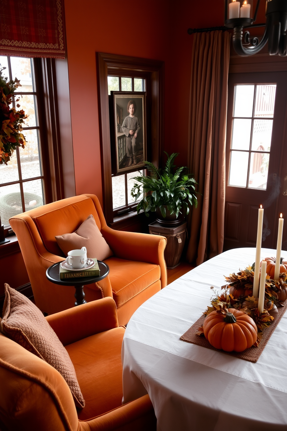 A cozy reading nook features a plush armchair in a warm, inviting fabric positioned next to a large window. A small wooden side table holds a steaming cup of tea and a stack of seasonal books, creating the perfect atmosphere for relaxation. In the Thanksgiving-themed living room, rich autumn colors dominate the decor with deep oranges and browns. A beautifully set dining table adorned with a centerpiece of pumpkins and candles invites family gatherings and festive celebrations.