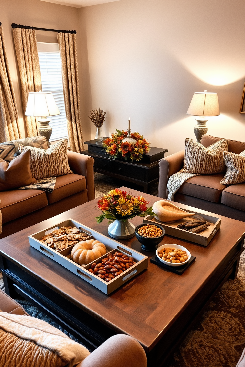 A cozy living room setting adorned for Thanksgiving. A large coffee table is topped with decorative trays filled with seasonal snacks like pumpkin pie, cranberry sauce, and spiced nuts. Plush sofas are arranged around the table, draped with warm, textured throws. Soft lighting from elegant lamps casts a warm glow, enhancing the inviting atmosphere.