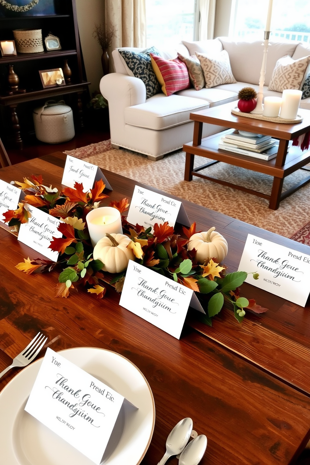 Personalized place cards for guests in a cozy Thanksgiving setting. Each card features elegant calligraphy and is placed on a rustic wooden table adorned with autumn leaves and small pumpkins. Living room decorating ideas for a warm and inviting atmosphere. The space includes a plush sectional sofa with colorful throw pillows, a soft area rug, and a coffee table decorated with candles and seasonal decor.