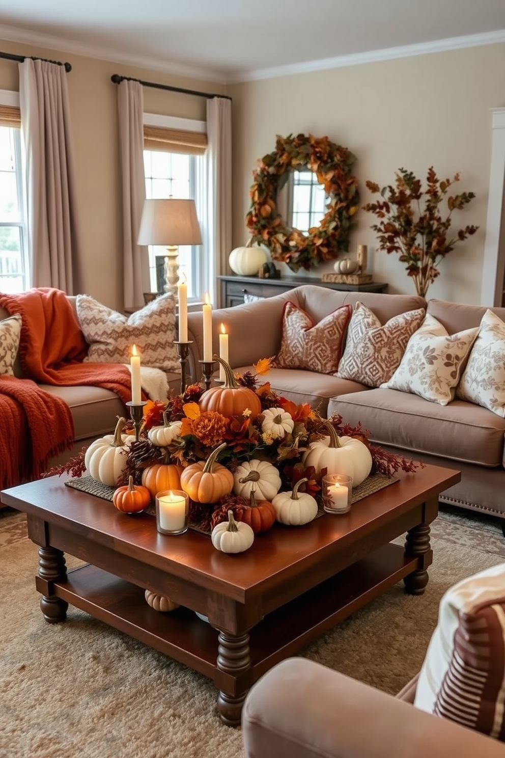 A cozy Thanksgiving living room adorned with pumpkin and gourd centerpieces. The coffee table is decorated with an arrangement of various pumpkins and gourds in rich autumn colors, surrounded by flickering candles and seasonal foliage. Soft, warm lighting enhances the inviting atmosphere, creating a perfect backdrop for family gatherings. Plush throw blankets and seasonal pillows on the sofa add comfort and style to the festive decor.